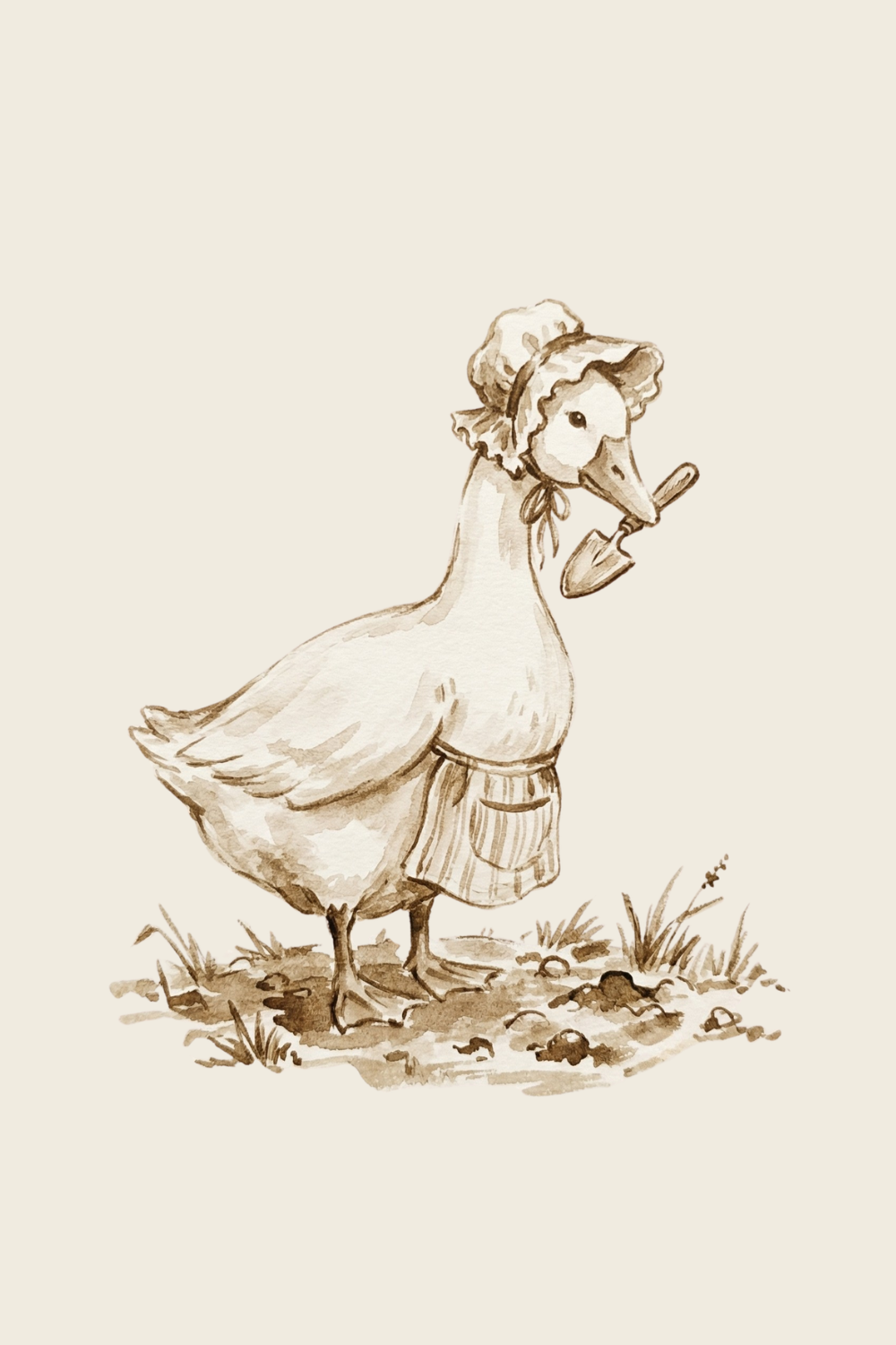 Sepia Bonnet Gardening Goose Wall Art - Vintage Garden Duck