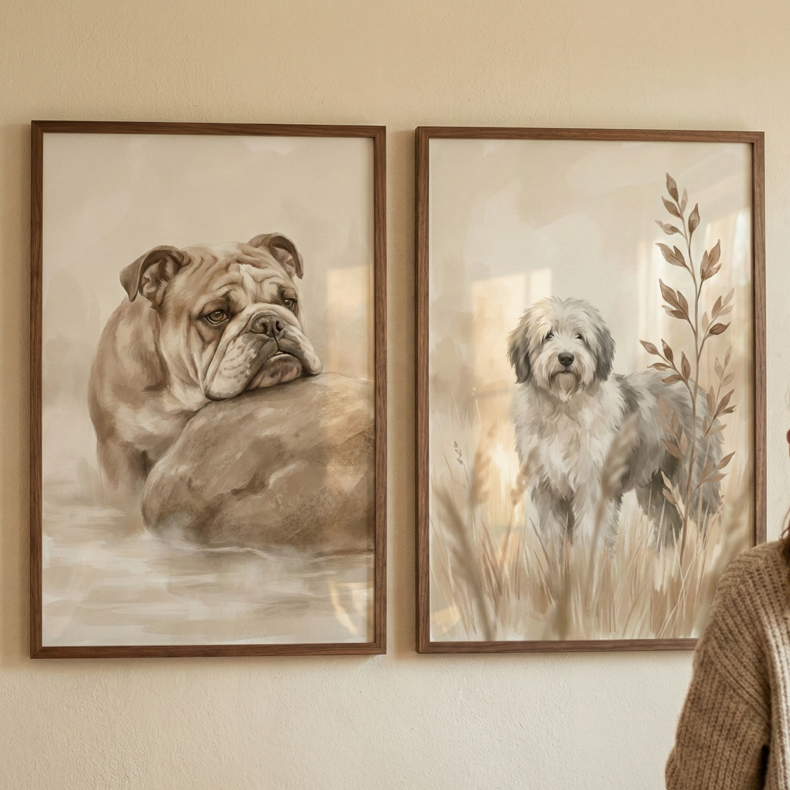 Two rectangular artworks in thin dark wood frames hang side-by-side on a light wall. The left illustration shows a brown and white bulldog with a soulful expression, resting its head on a large rock amidst soft, earthy tones. The right piece depicts a fluffy, long-haired grey and white dog standing in a field of tall grasses with a delicate leaf sprig. Both illustrations feature a muted, warm color palette. A bit of a person's knit sweater is visible in the bottom right corner.