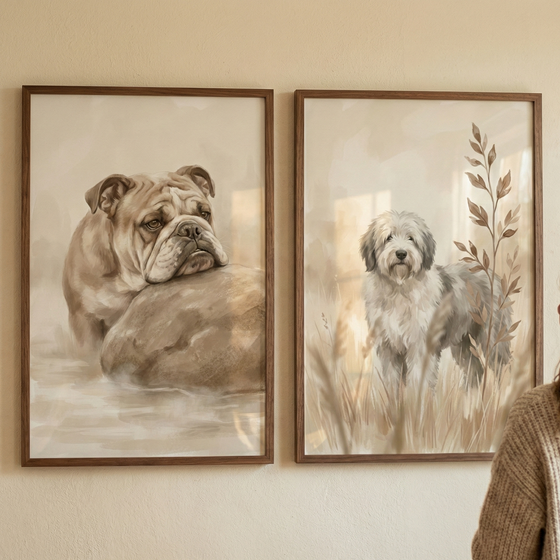 Two rectangular artworks in thin dark wood frames hang side-by-side on a light wall. The left illustration shows a brown and white bulldog with a soulful expression, resting its head on a large rock amidst soft, earthy tones. The right piece depicts a fluffy, long-haired grey and white dog standing in a field of tall grasses with a delicate leaf sprig. Both illustrations feature a muted, warm color palette. A bit of a person's knit sweater is visible in the bottom right corner.