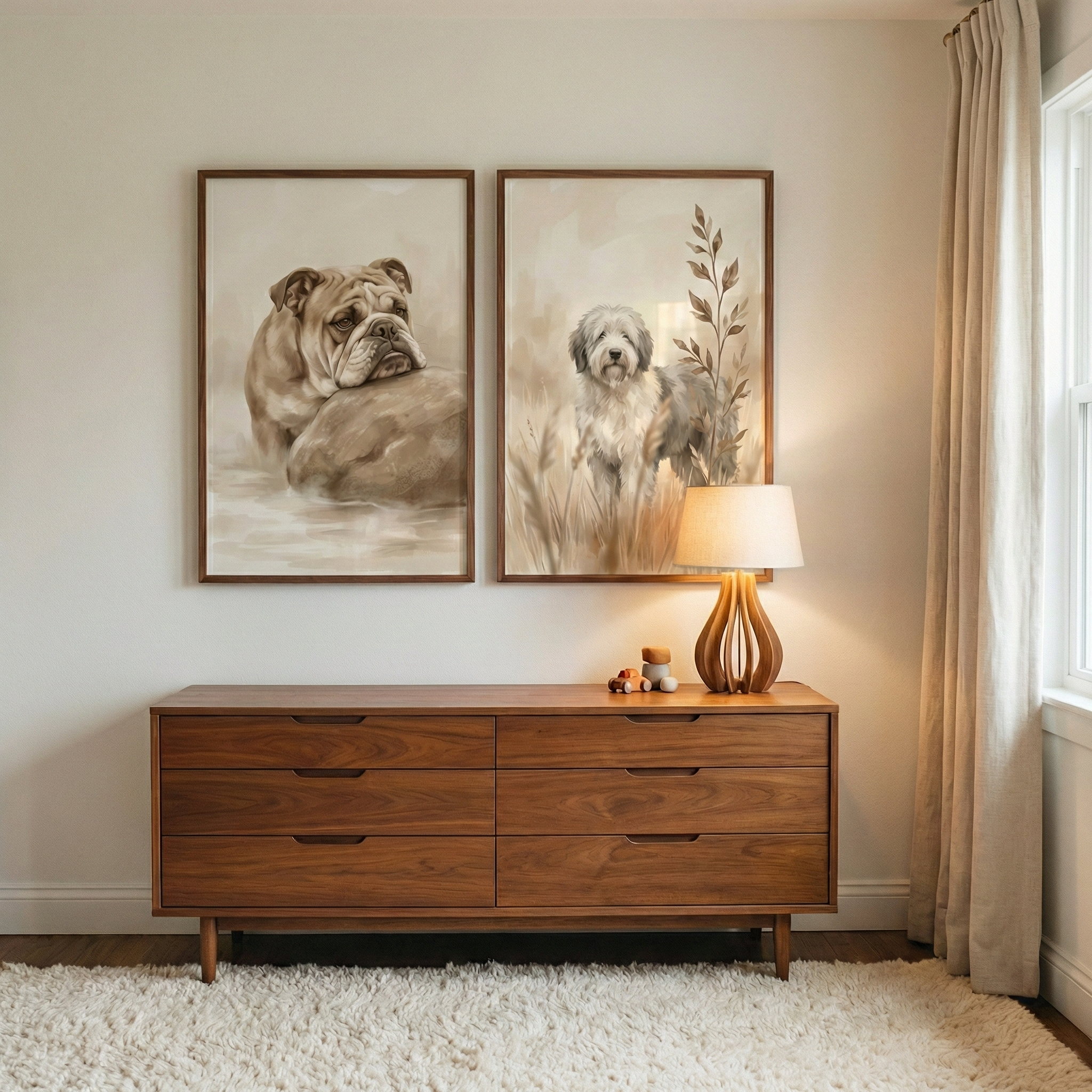 Sepia Dog Print Set of 2 - Rustic Canine Duo