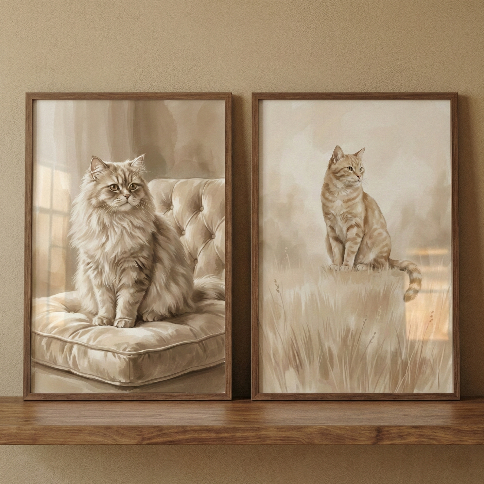 Two framed illustrations of cats rest side-by-side on a dark wooden shelf against a beige wall. The artwork is rendered in soft, monochromatic sepia tones. On the left, a large, fluffy, long-haired cat sits on a tufted cushion. On the right, a slender tabby cat sits perched on a simple pedestal amidst tall grass. Both pieces are encased in thin, dark wood frames, creating a warm and rustic aesthetic.