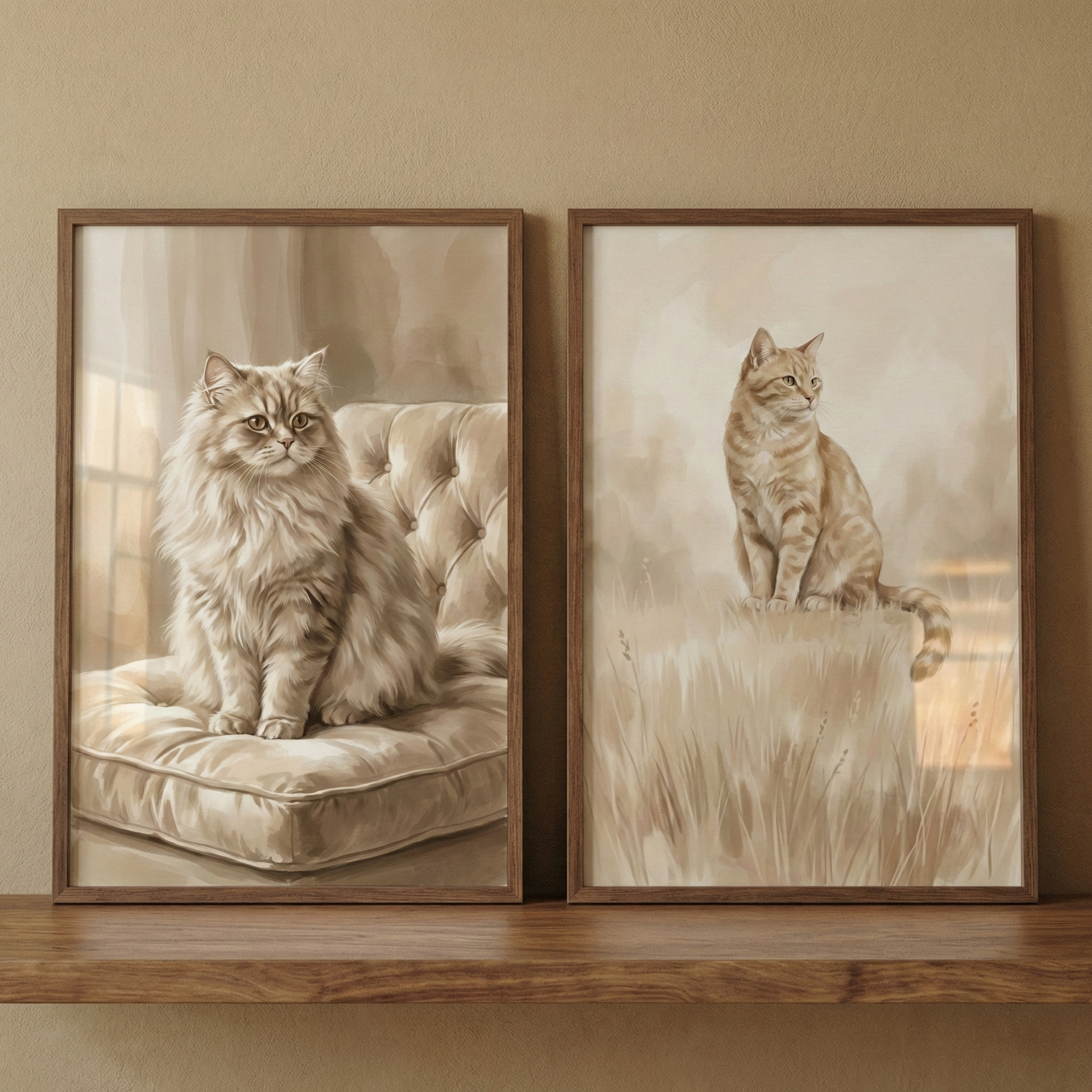 Sepia Cat Art Set of 2 - Golden Fur Portraits