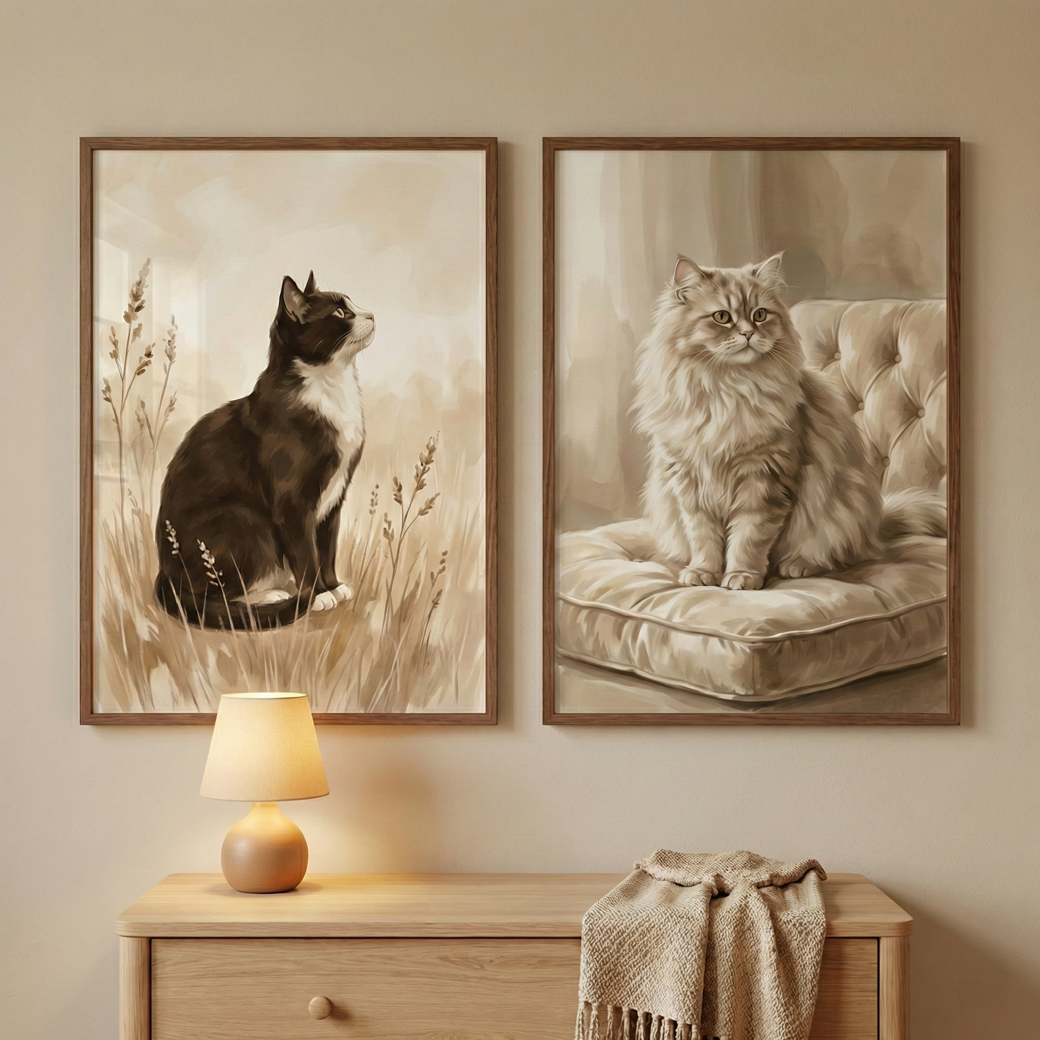 Sepia Cat Wall Art Set of 2 - Sepia Feline Duo
