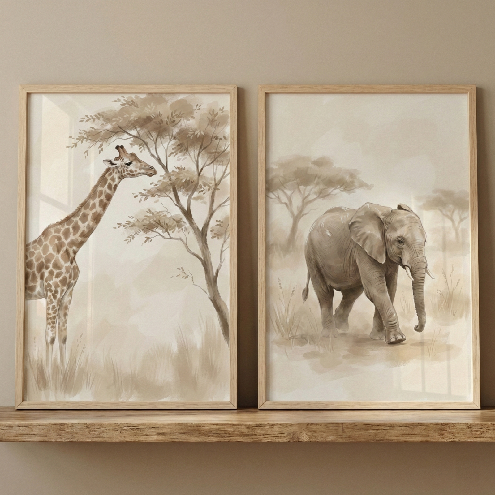 Two framed illustrations are displayed side-by-side on a natural wood shelf against a neutral-toned wall. The artwork features a soft, muted color palette of beige, cream, and light brown, creating a gentle and classic aesthetic. The piece on the left depicts a giraffe in profile, standing in a field of tall grass next to a slender, leafy tree. The animal is rendered with delicate details, showing its characteristic spots and long neck reaching toward the branches.
