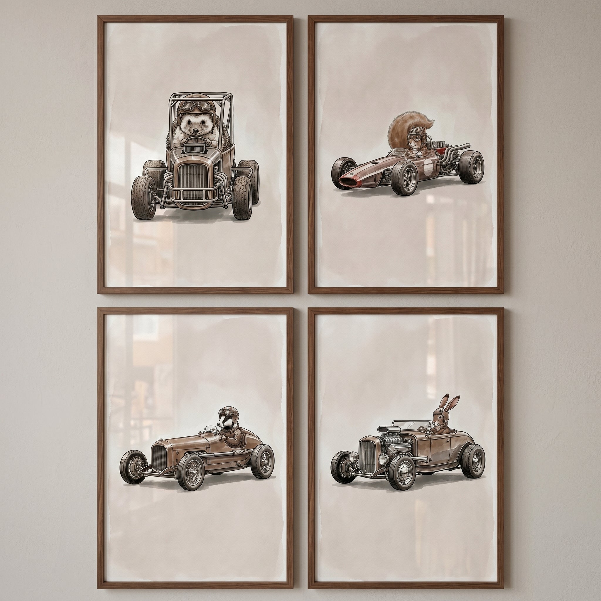 Sepia Grand Prix Animal Wall Art Set of 4 - Woodland Speed Racers