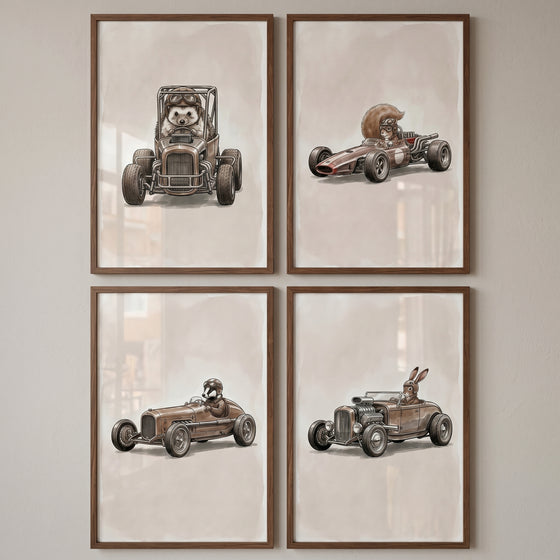 Sepia grand prix animal wall art set of 4 featuring a hedgehog, squirrel, badger, and rabbit driving vintage race cars.