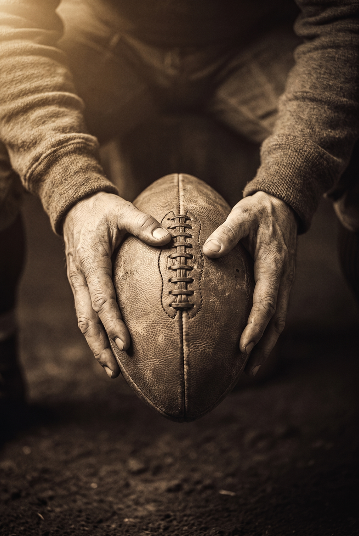 Sepia hands holding football sports wall art with a textured vintage leather ball over a dark background.