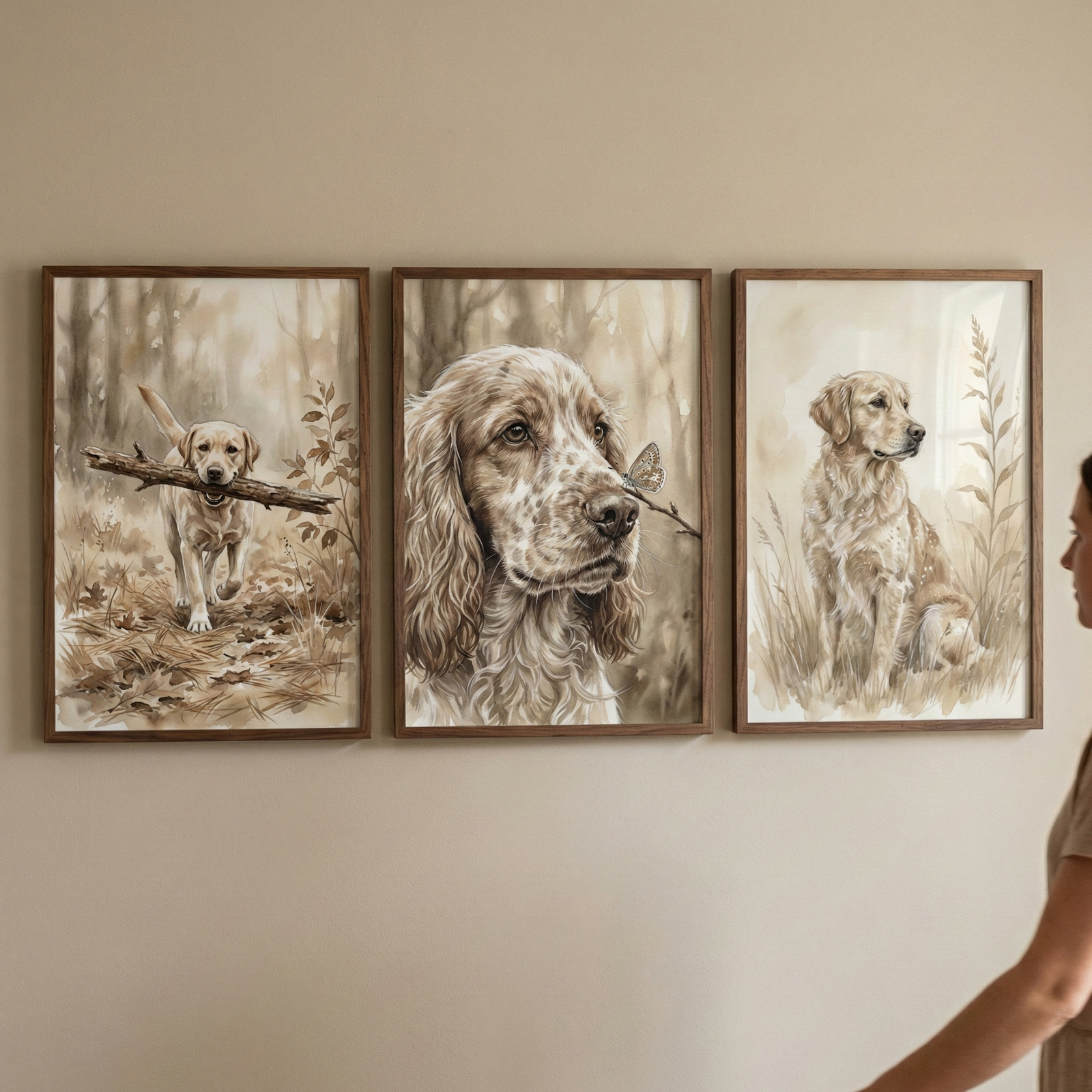 Three sepia toned dog illustrations in wooden frames hang on a wall while a person looks at them from the side. One dog carries a large stick through autumn leaves, another portrait shows a long eared dog with a butterfly resting near its nose, and the third shows a golden retriever sitting calmly among tall grass.