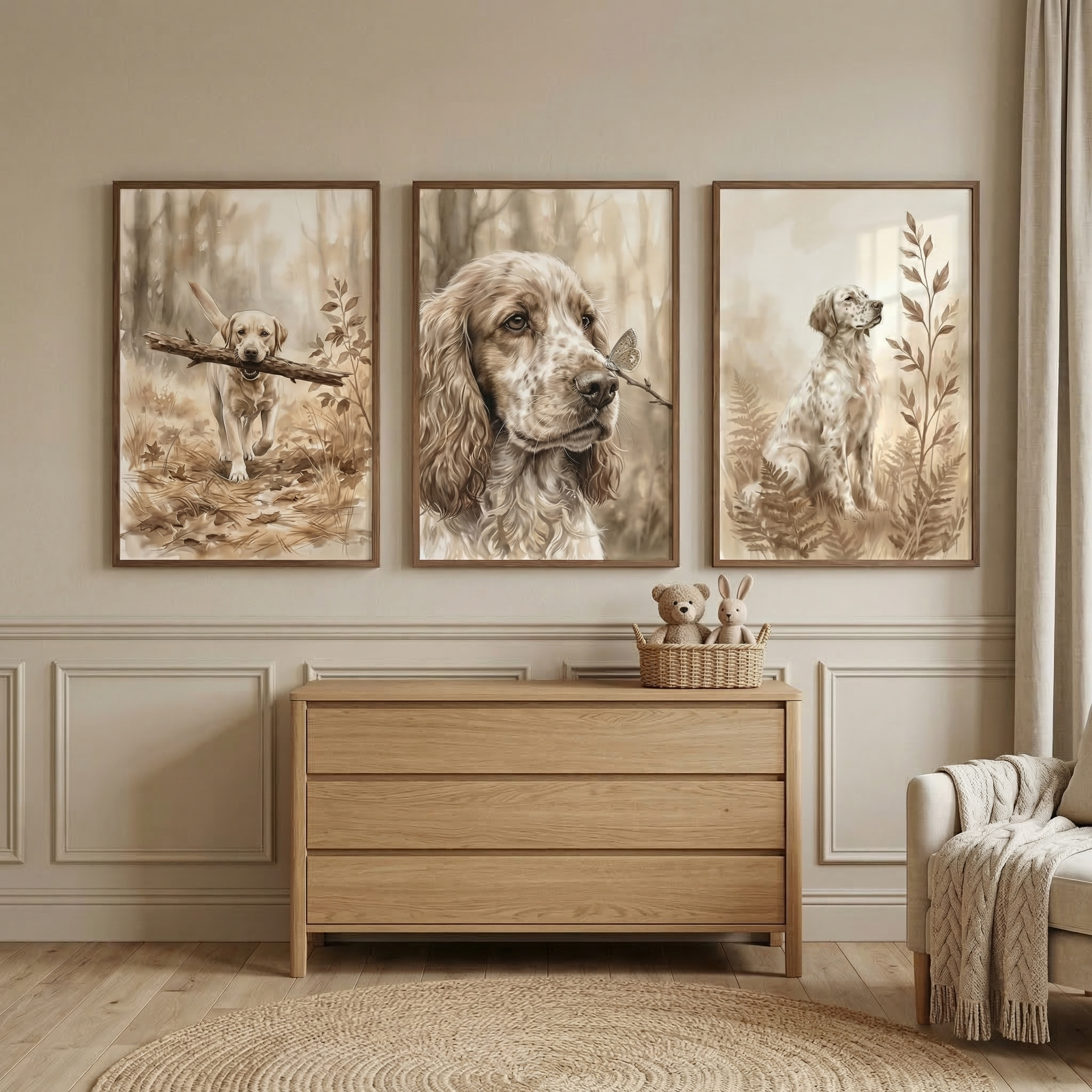 Sepia Dog Print Set OF 3 - Loyal Forest Hounds