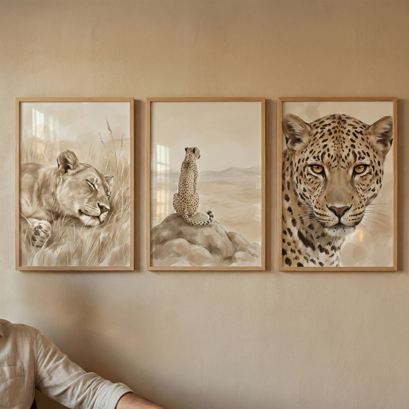 Three light-wood framed artworks are displayed side-by-side on a neutral-toned wall. Each piece features a large cat in warm, sepia-colored tones. The frame on the left shows a close-up of a lioness sleeping in tall grass. The center frame depicts a cheetah perched on a rock, looking out over a vast plain from behind. The frame on the right is a detailed portrait of a leopard looking directly ahead. A portion of a person's arm and light-colored shirt is visible in the lower-left corner.
