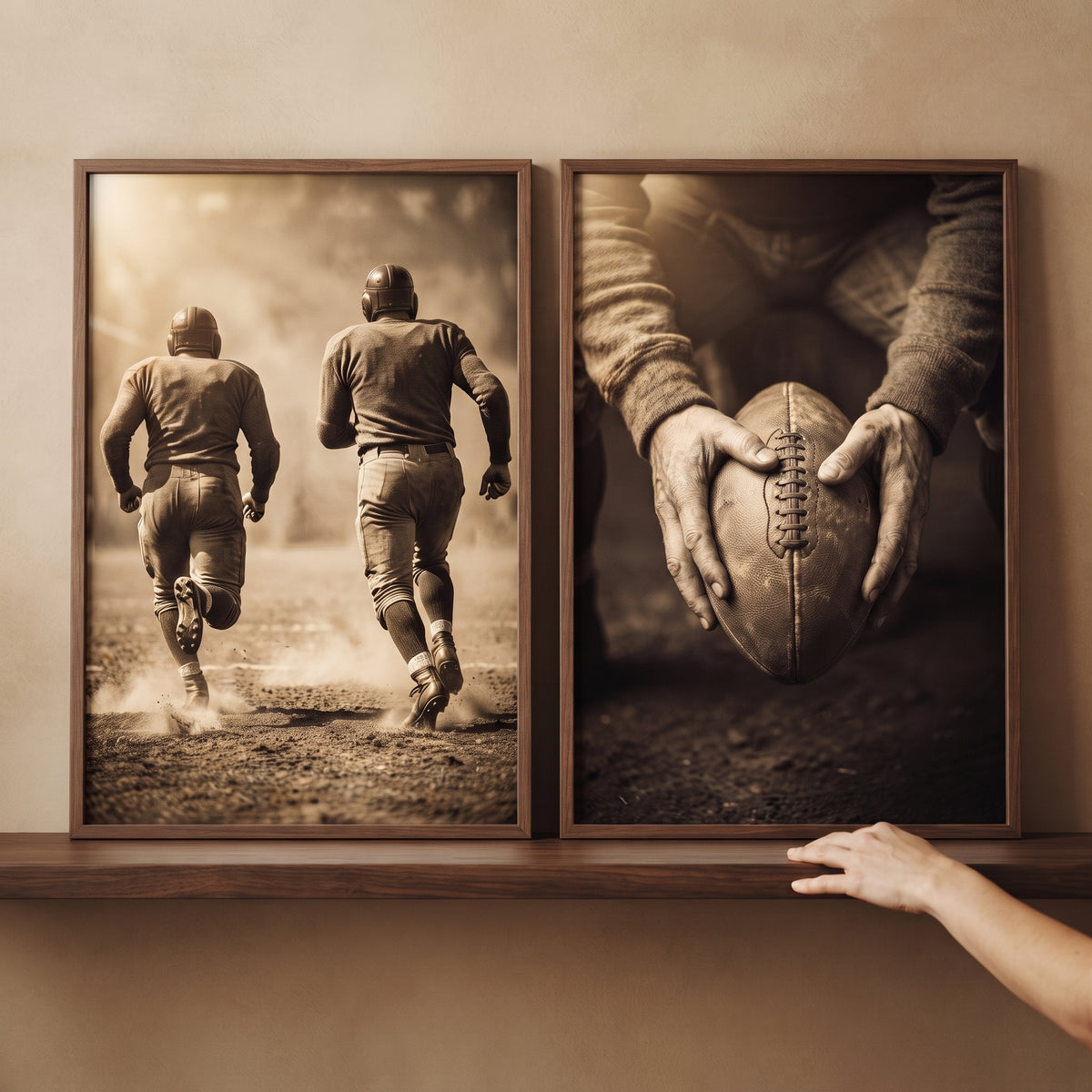 Sepia monochrome vintage football sports wall art set of 2 showing players running and hands holding a leather ball.