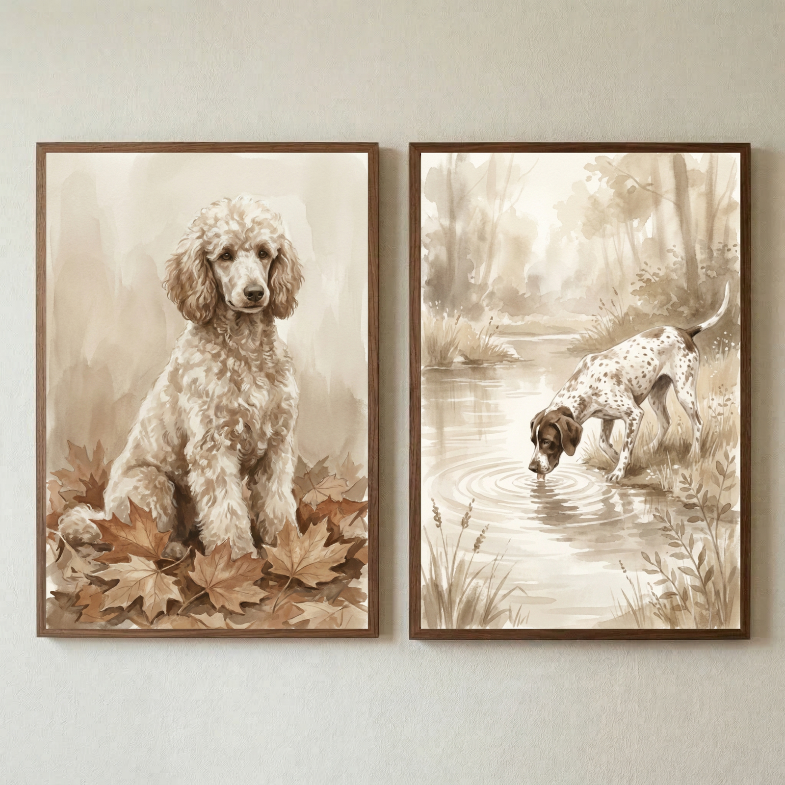 Two vertical, wood-framed illustrations hang on a neutral wall. The left artwork features a detailed sepia-toned watercolor-style portrait of a fluffy, light-colored poodle-type dog sitting among dry maple leaves. The right piece shows a lean, spotted dog drinking from a calm pond with concentric ripples, set against a wooded backdrop. Both artworks share a muted palette of cream and brown. A person’s shoulder in a brown knit sweater is partially visible in the lower left corner.