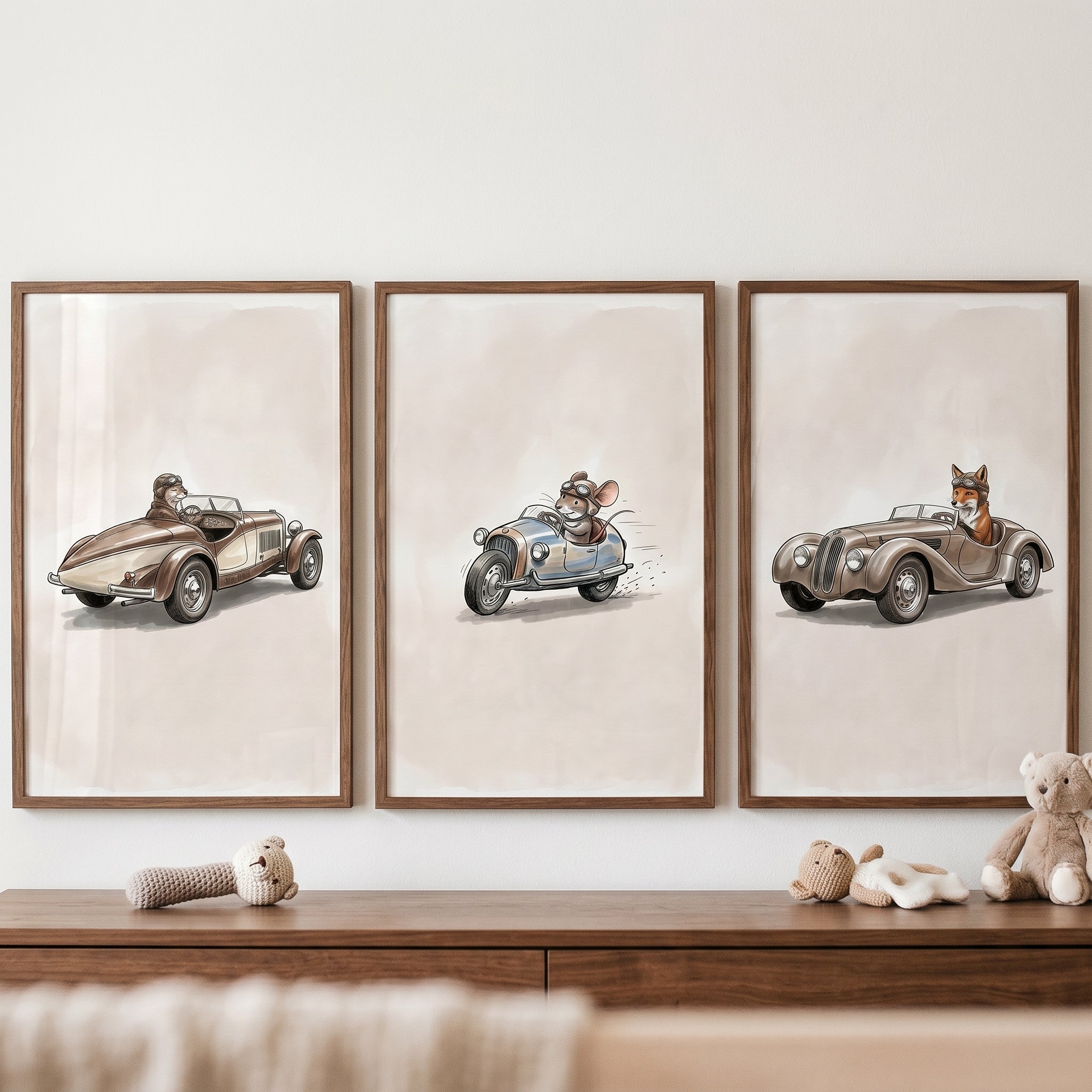 Sepia Racing Woodland Animal Wall Art Set of 3 - Fast Little Friends