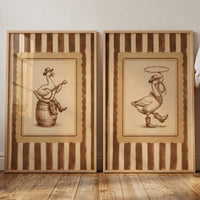 Sepia rustic cowboy goose wall art set of 2 featuring geese in hats and boots playing a banjo and twirling a lasso.