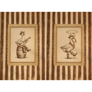 Two panel collage featuring a duck playing guitar while sitting on a barrel and a duck dressed as a cowboy twirling a lasso, styled as rustic western nursery wall art.
