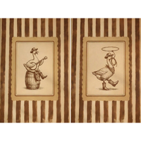 Two panel collage featuring a duck playing guitar while sitting on a barrel and a duck dressed as a cowboy twirling a lasso, styled as rustic western nursery wall art.
