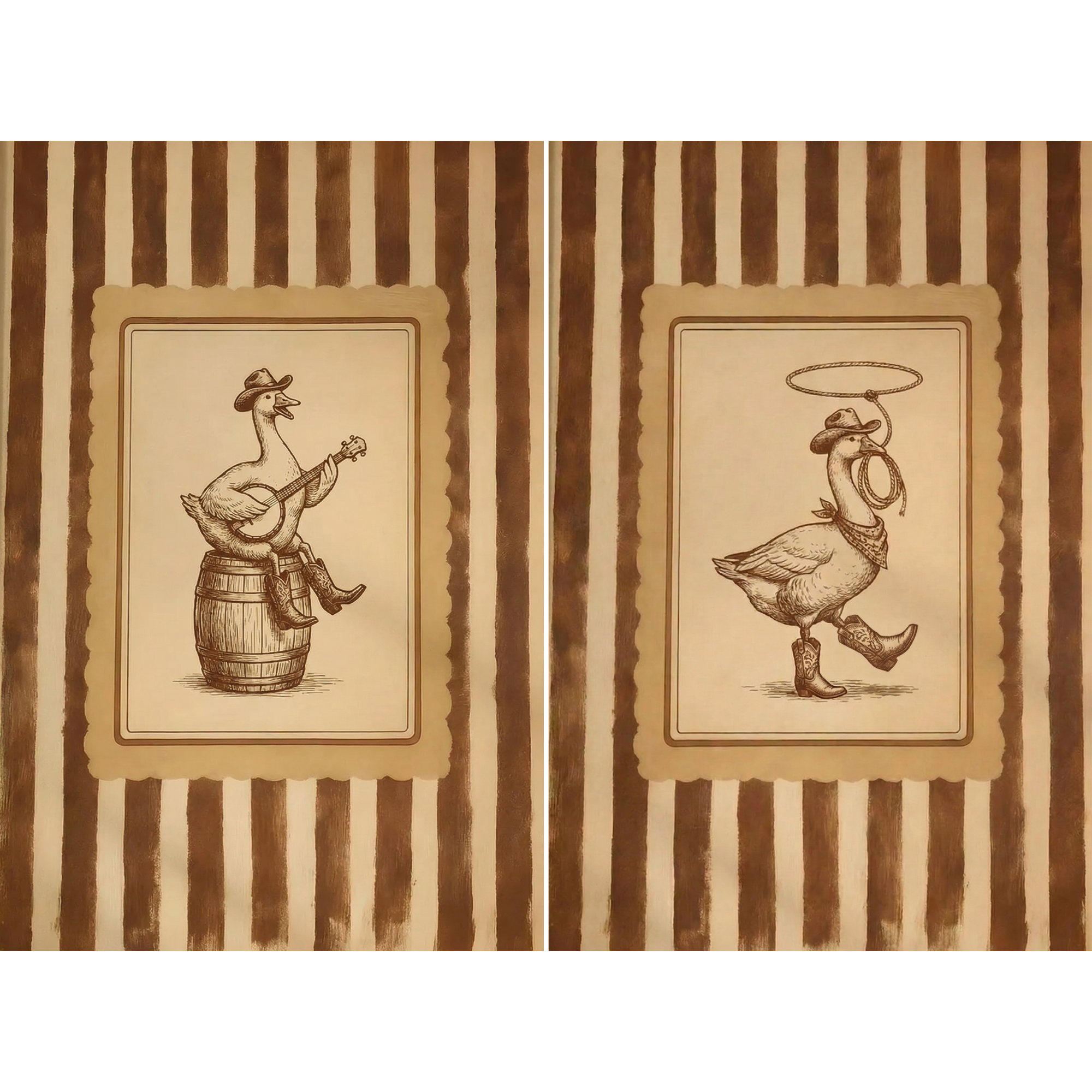 Two panel collage featuring a duck playing guitar while sitting on a barrel and a duck dressed as a cowboy twirling a lasso, styled as rustic western nursery wall art.
