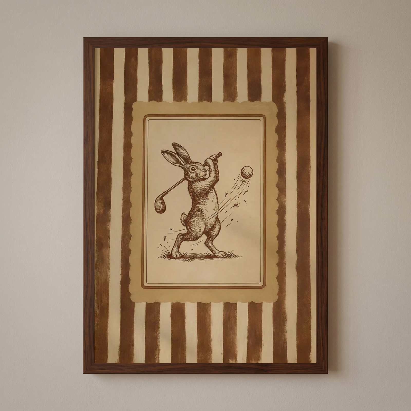 Sepia sketch golfing rabbit artwork in a dark wood frame with vertical brown and tan stripes.