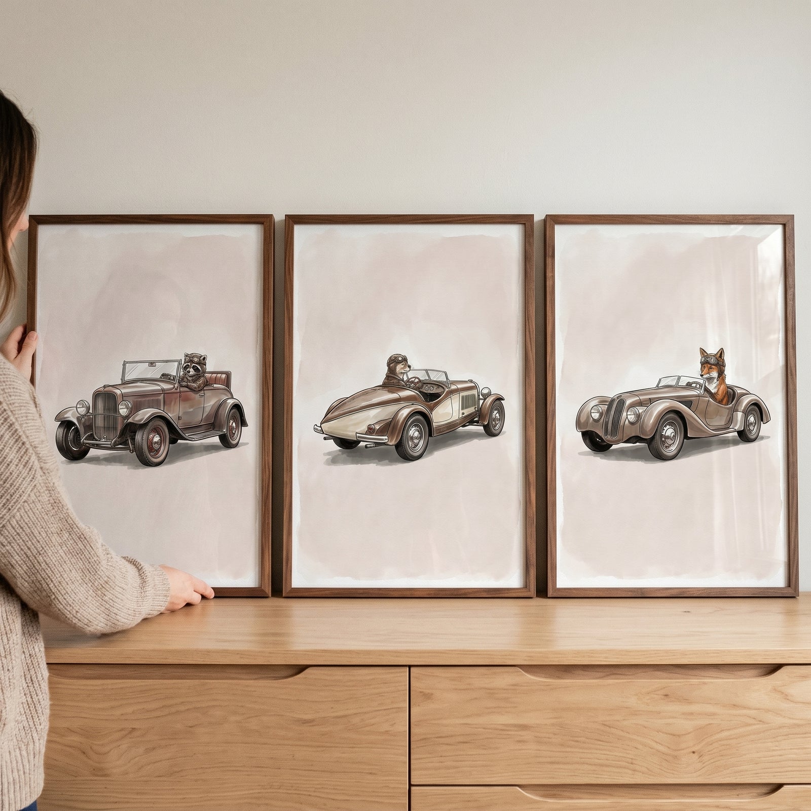 Sepia speedster woodland animal wall art set of 3 featuring a raccoon, bear, and fox driving vintage cars in wood frames.