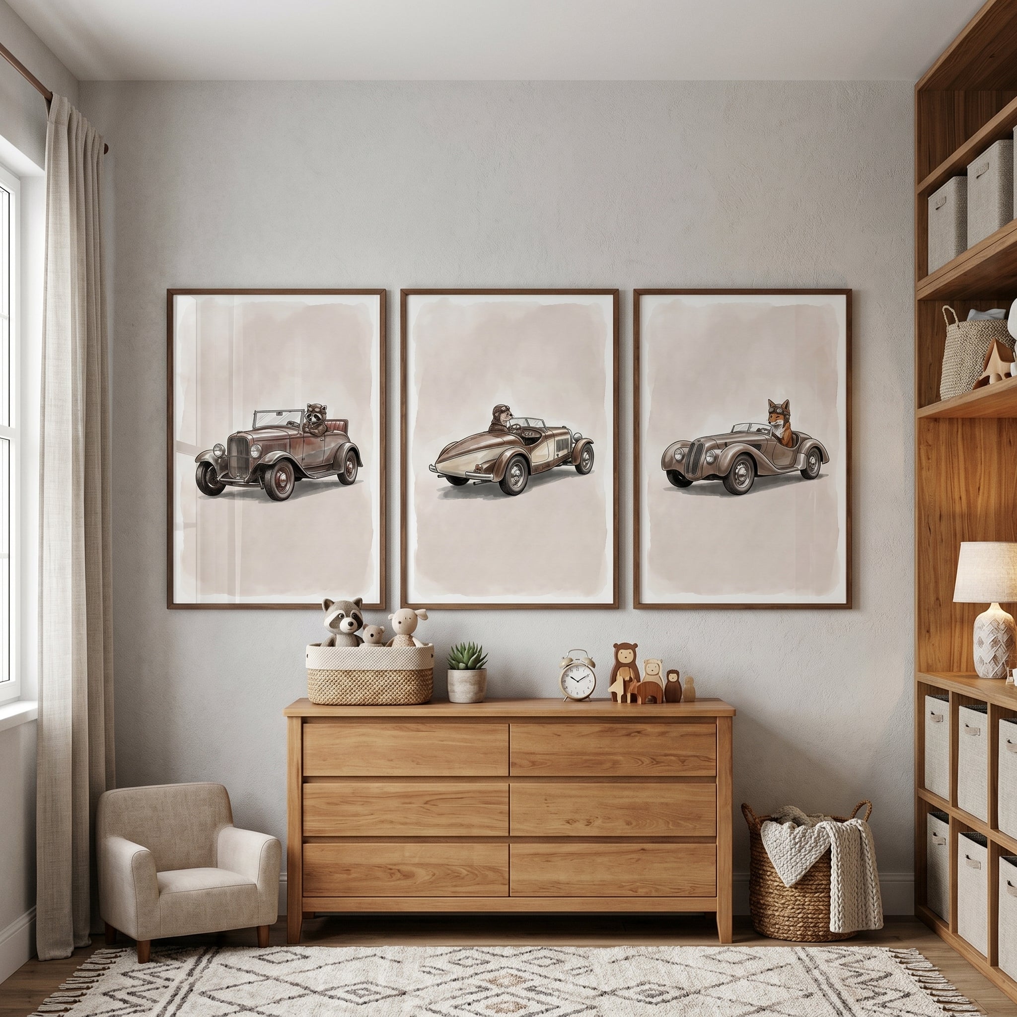 Sepia Speedster Woodland Animal Wall Art Set of 3 - Whimsical Woodland Drivers
