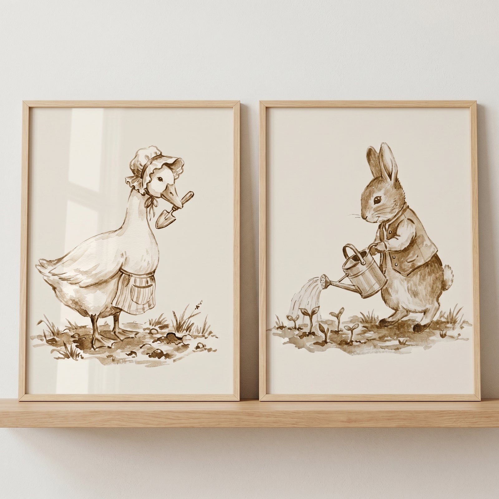 Sepia storybook garden animal wall art set of 2 with a goose holding a trowel and a rabbit watering small plants.