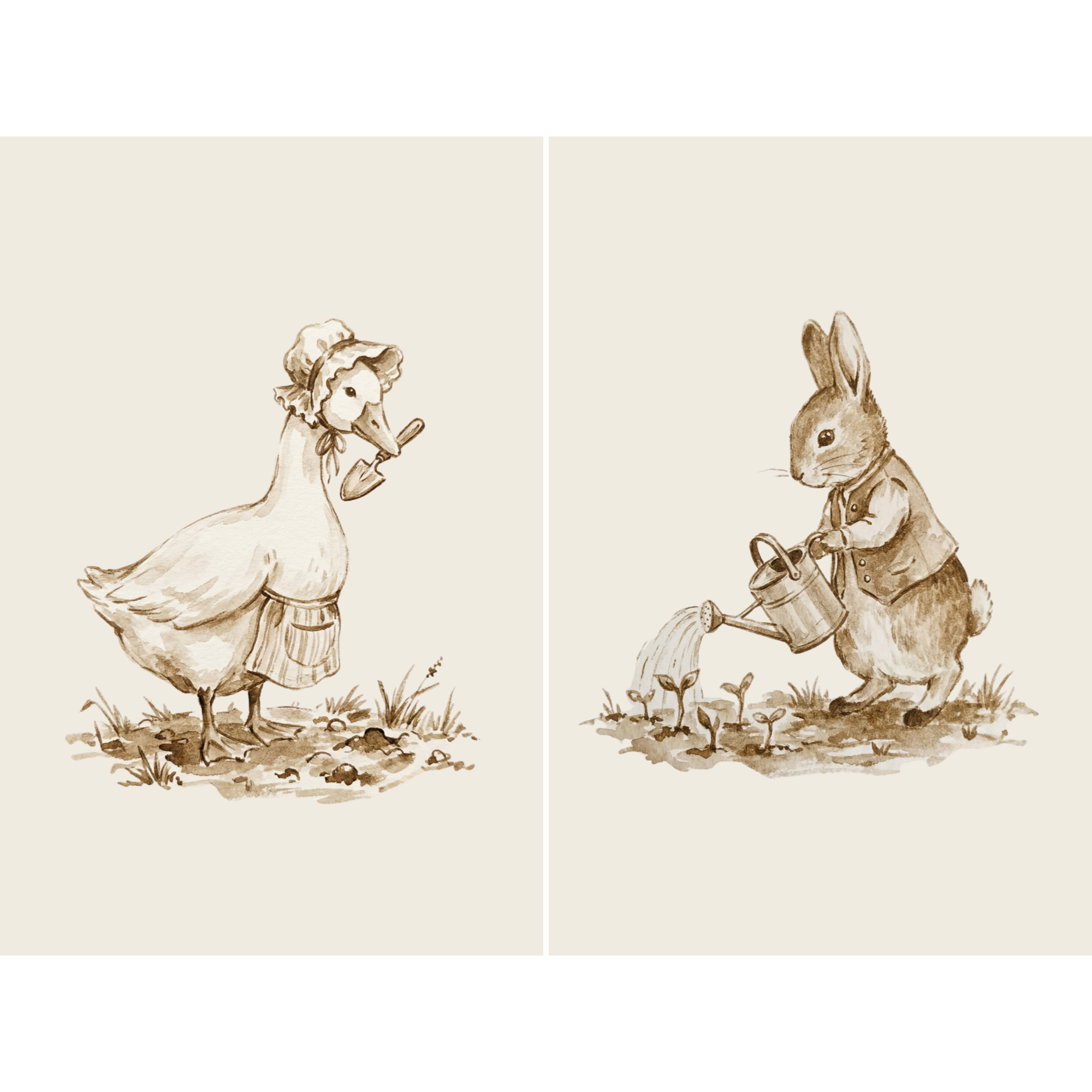 Sepia Storybook Garden Animal Wall Art Set of 2 - Gardening Friends