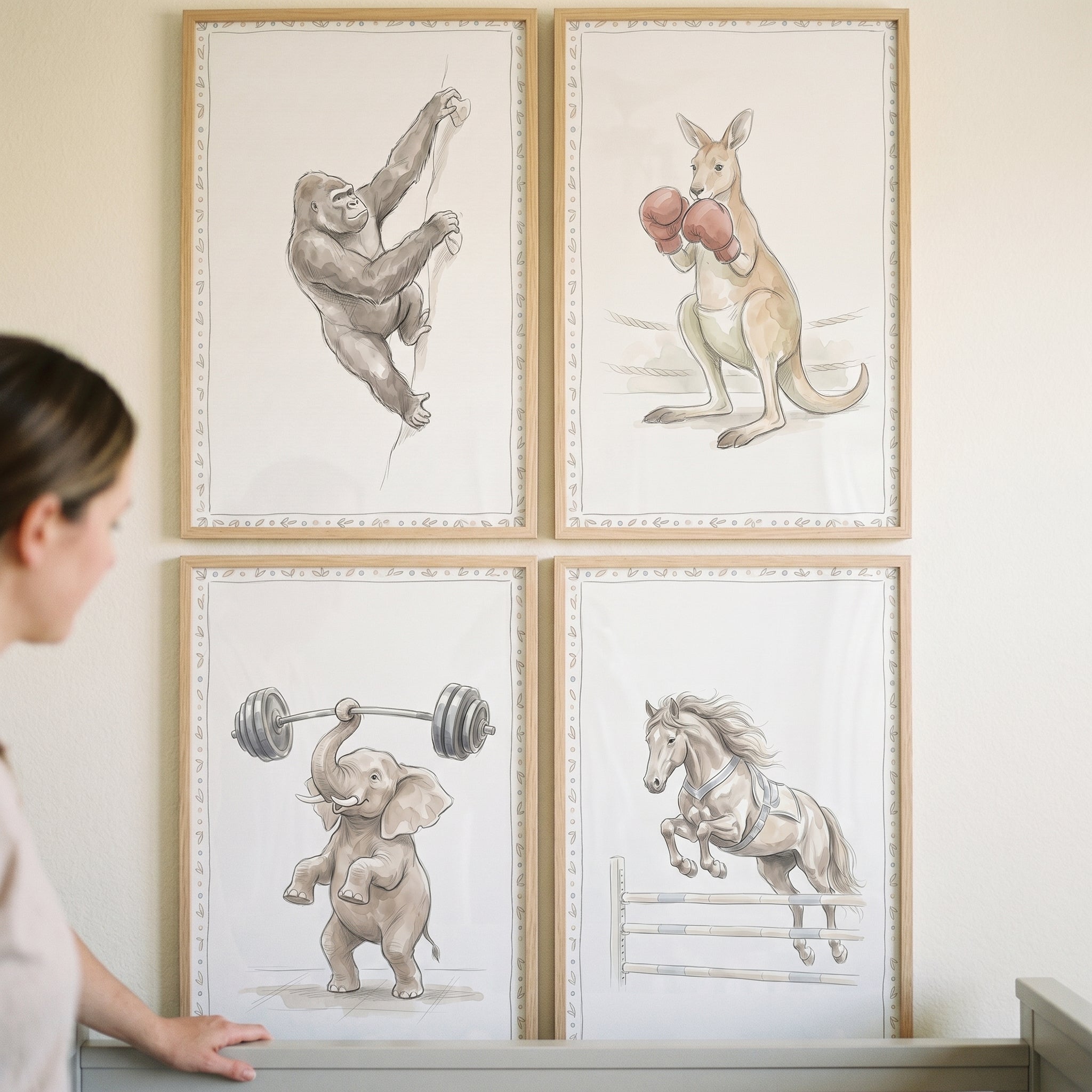 Sepia Tone Athletic Animals Wall Art Set of 4 - Active Wildlife Sketches