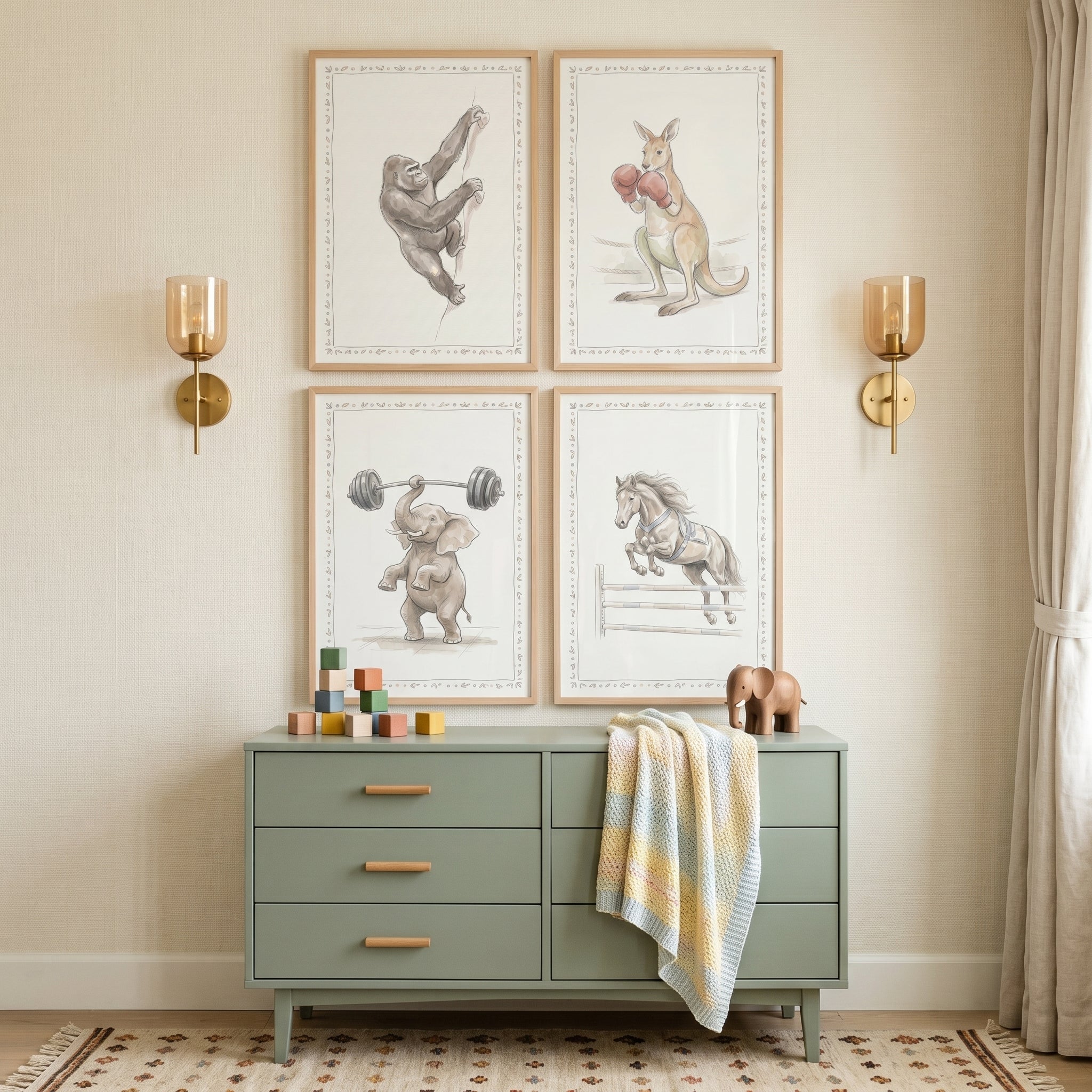 Sepia Tone Athletic Animals Wall Art Set of 4 - Active Wildlife Sketches