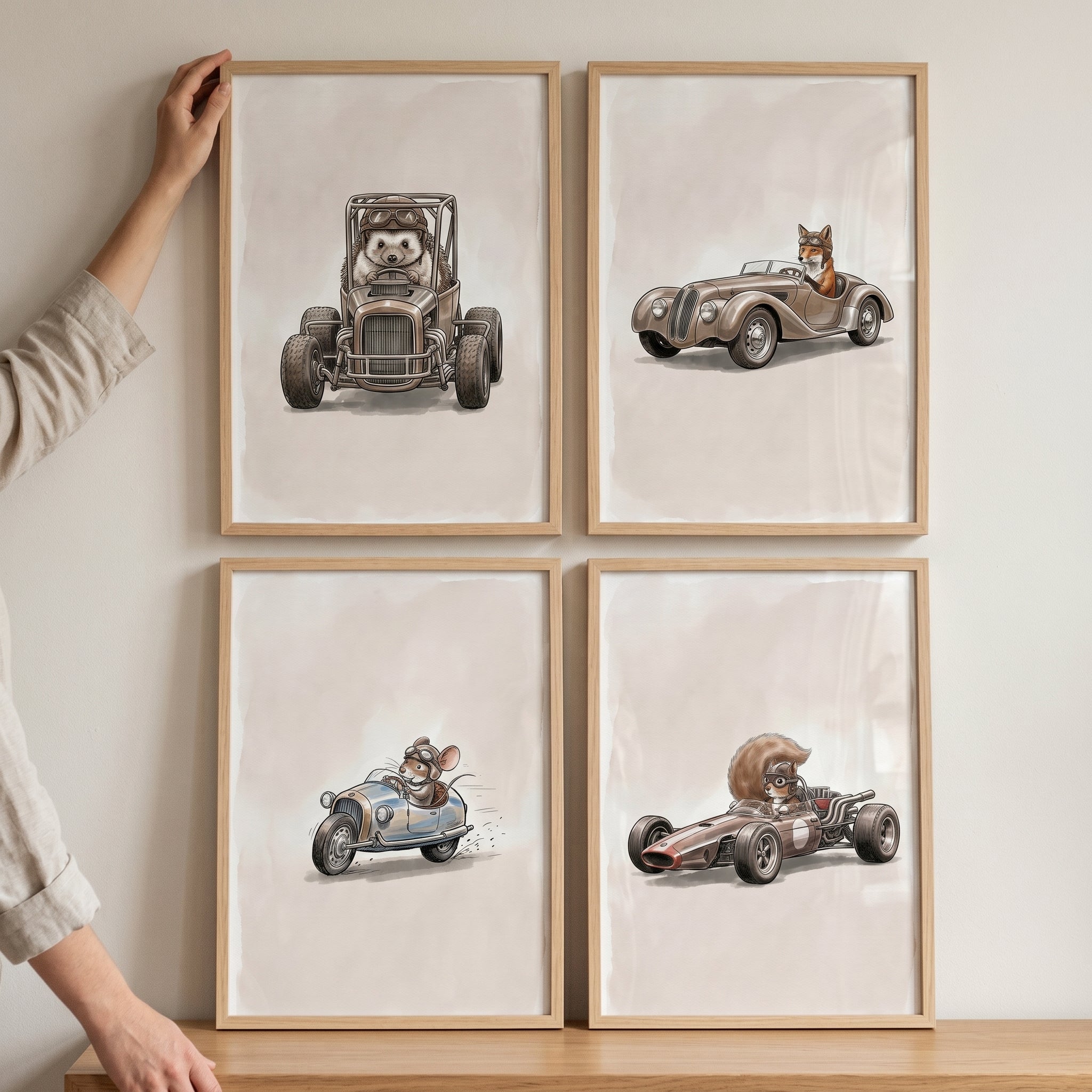 Sepia Tone Driving Animal Wall Art Set of 4 - Woodland Speedsters
