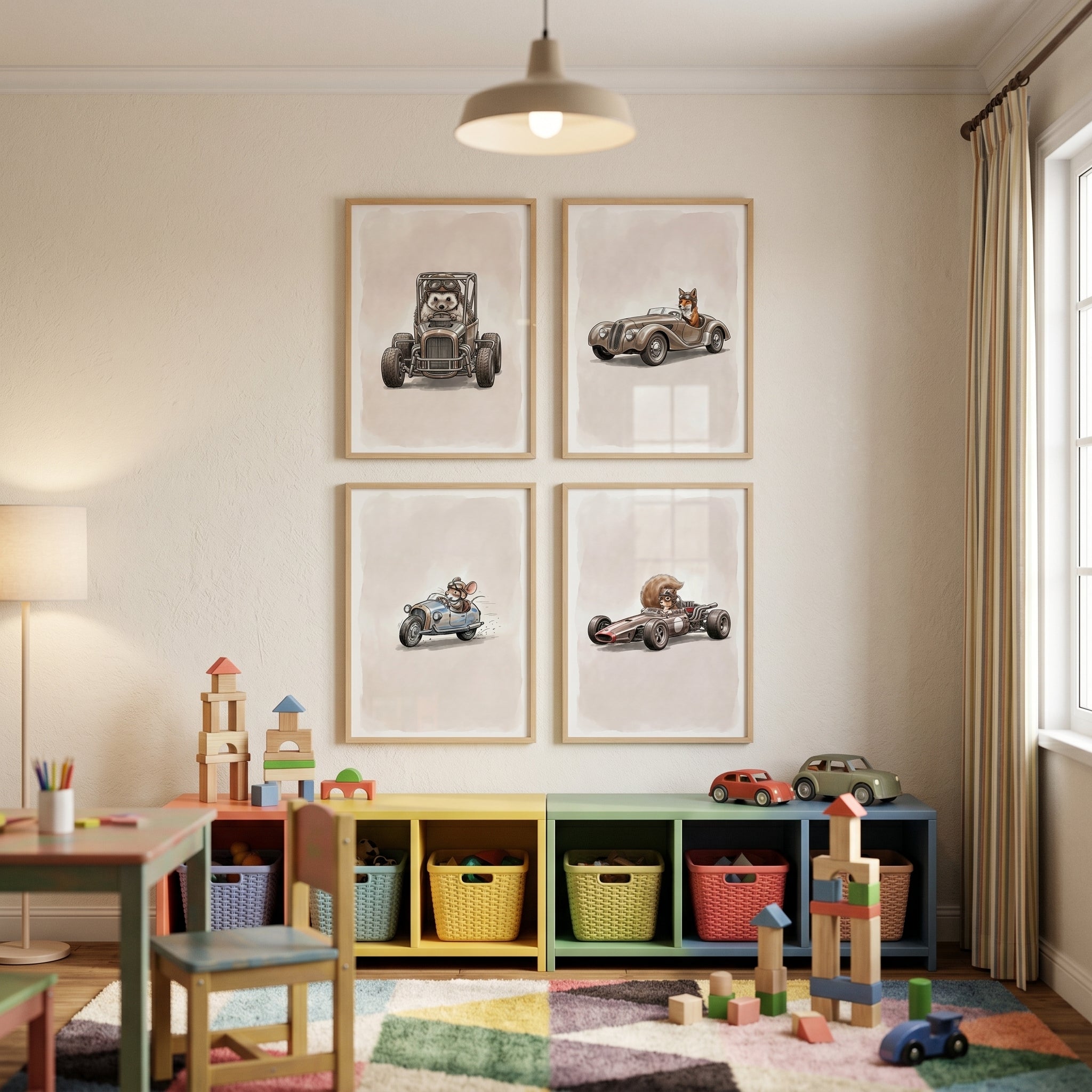 Sepia Tone Driving Animal Wall Art Set of 4 - Woodland Speedsters