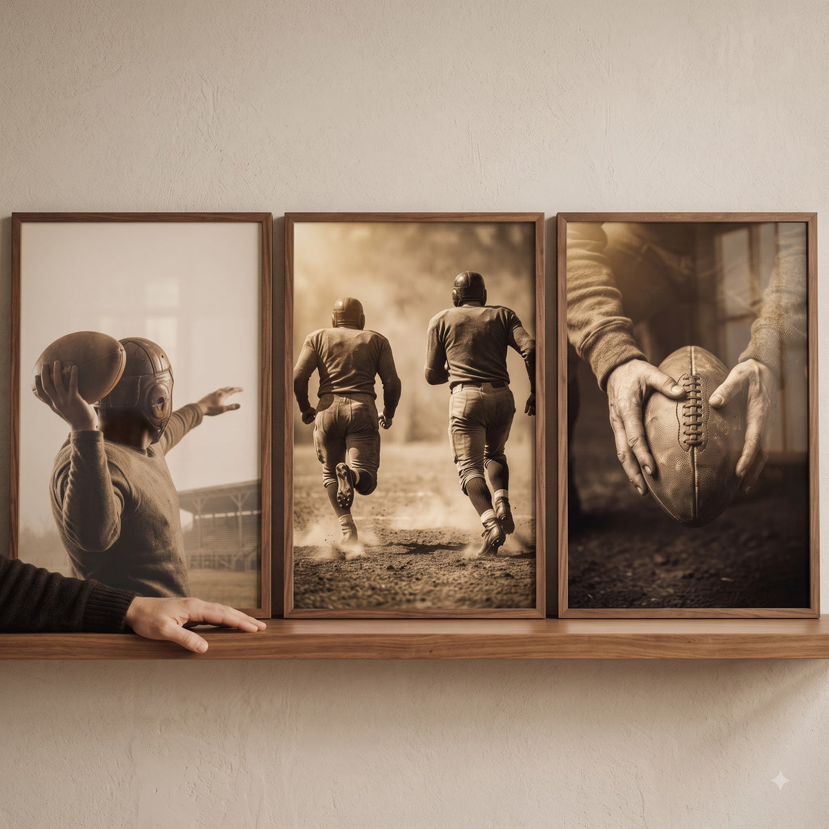 Sepia toned retro football sports wall art set of 3 features players in vintage gear and a close-up of a leather ball.