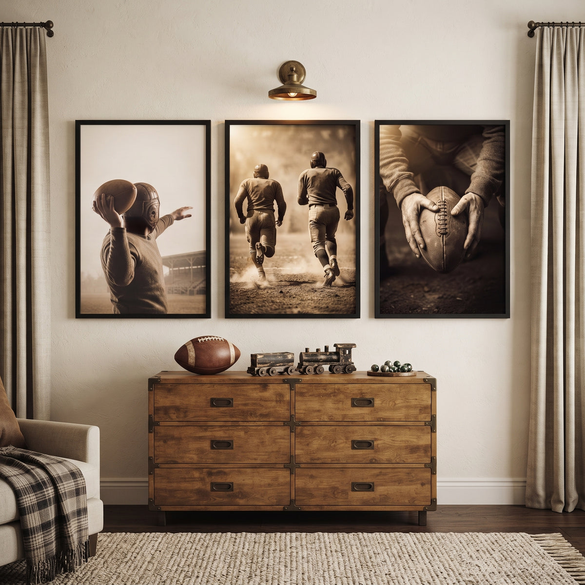 Sepia Toned Retro Football Sports Wall Art Set of 3 - Leather Helmet Era