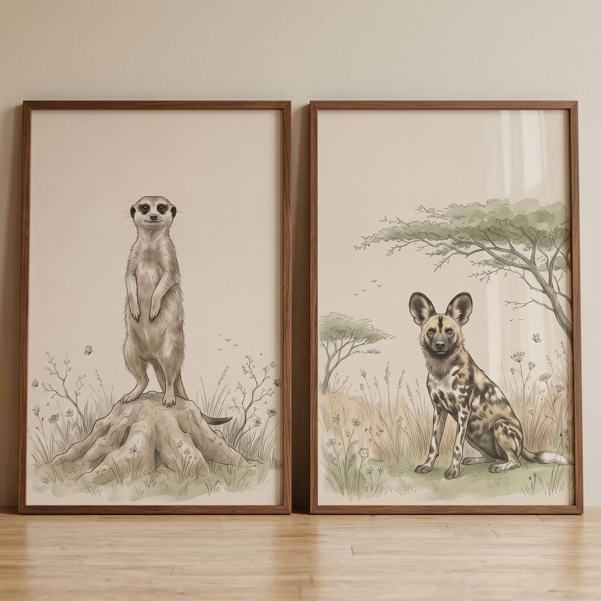 Sepia Toned Savanna Animal Wall Art Set of 2 - Savannah Animal Sketches