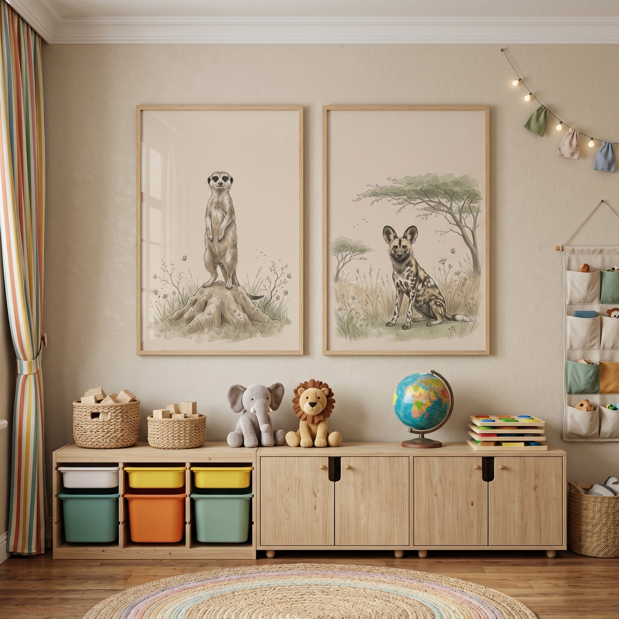 Sepia Toned Savanna Animal Wall Art Set of 2 - Savannah Animal Sketches