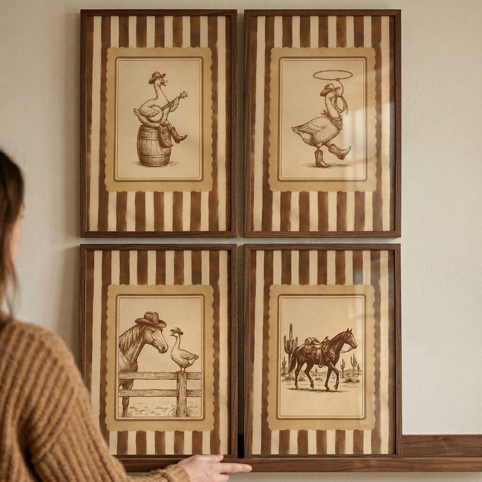 Sepia vintage cowboy animal wall art set of 4 showing geese and horses in western attire within dark brown frames.
