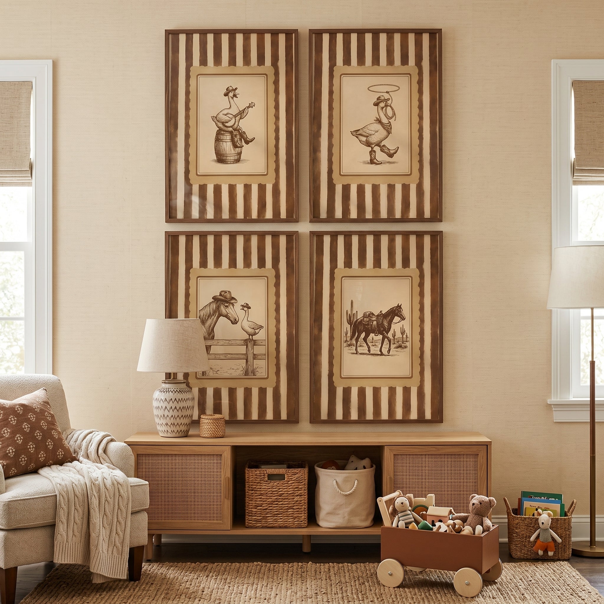 Sepia Vintage Cowboy Animal Wall Art Set of 4 - Rustic Cowboy Goose