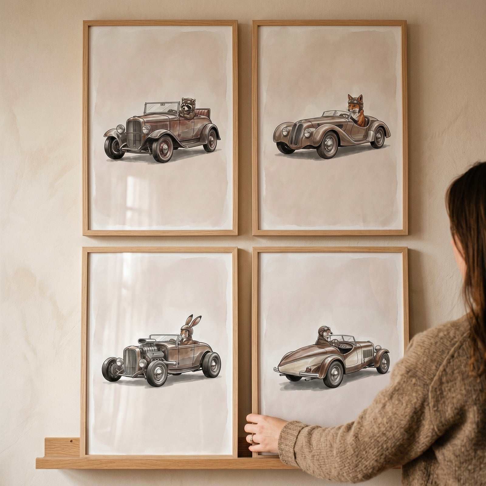 Sepia vintage racing animal artwork set of 4 shows animals driving classic cars in four framed prints on a wall.