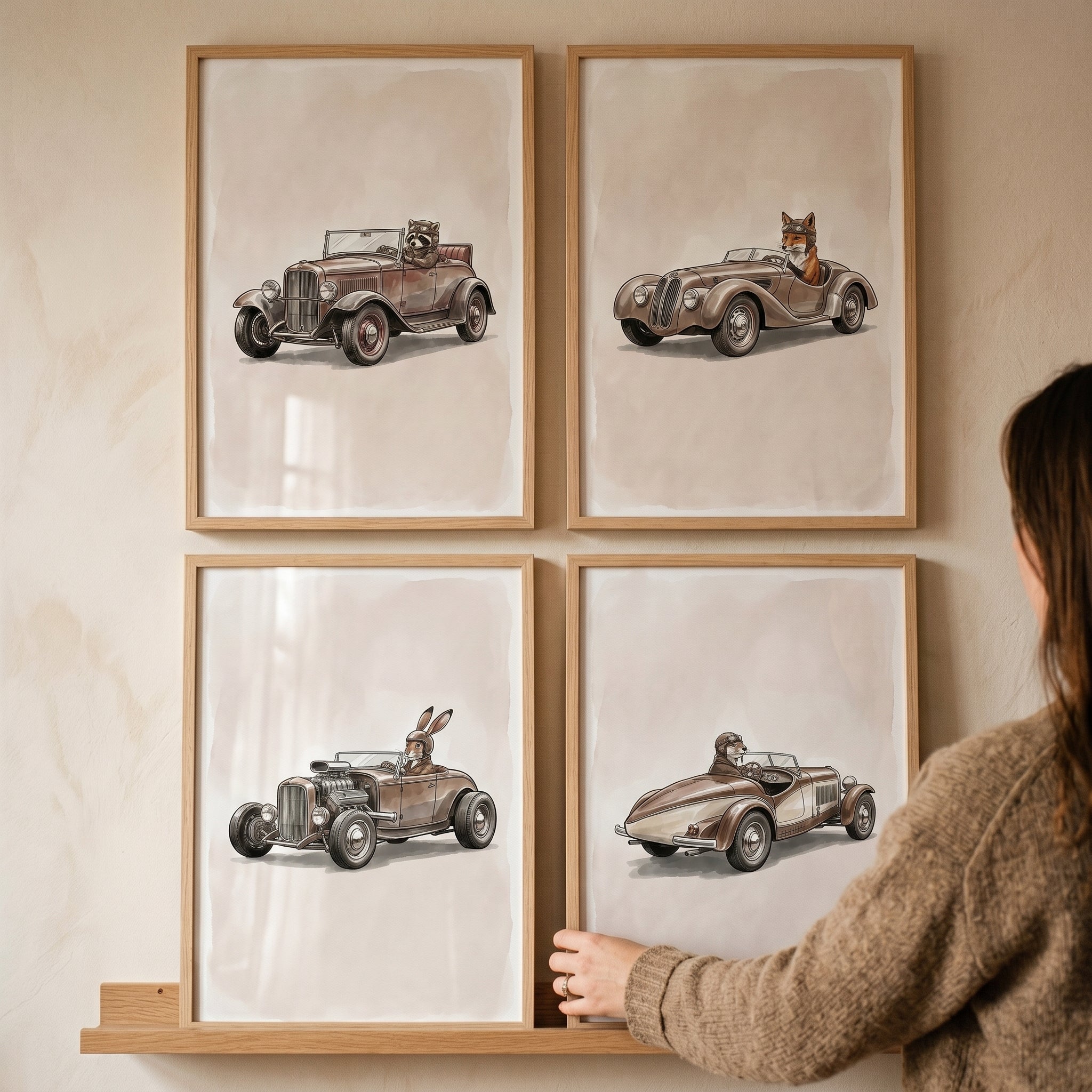 Sepia Vintage Racing Animal Artwork Set of 4 - Vintage Animal Roadsters