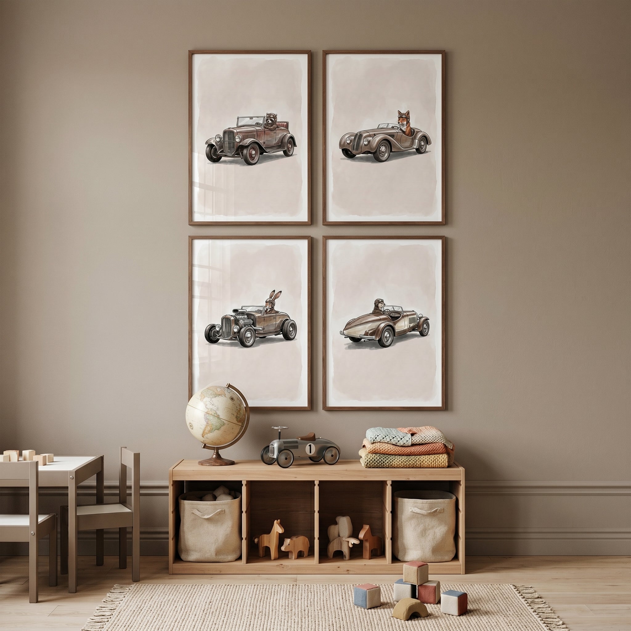 Sepia Vintage Racing Animal Artwork Set of 4 - Vintage Animal Roadsters