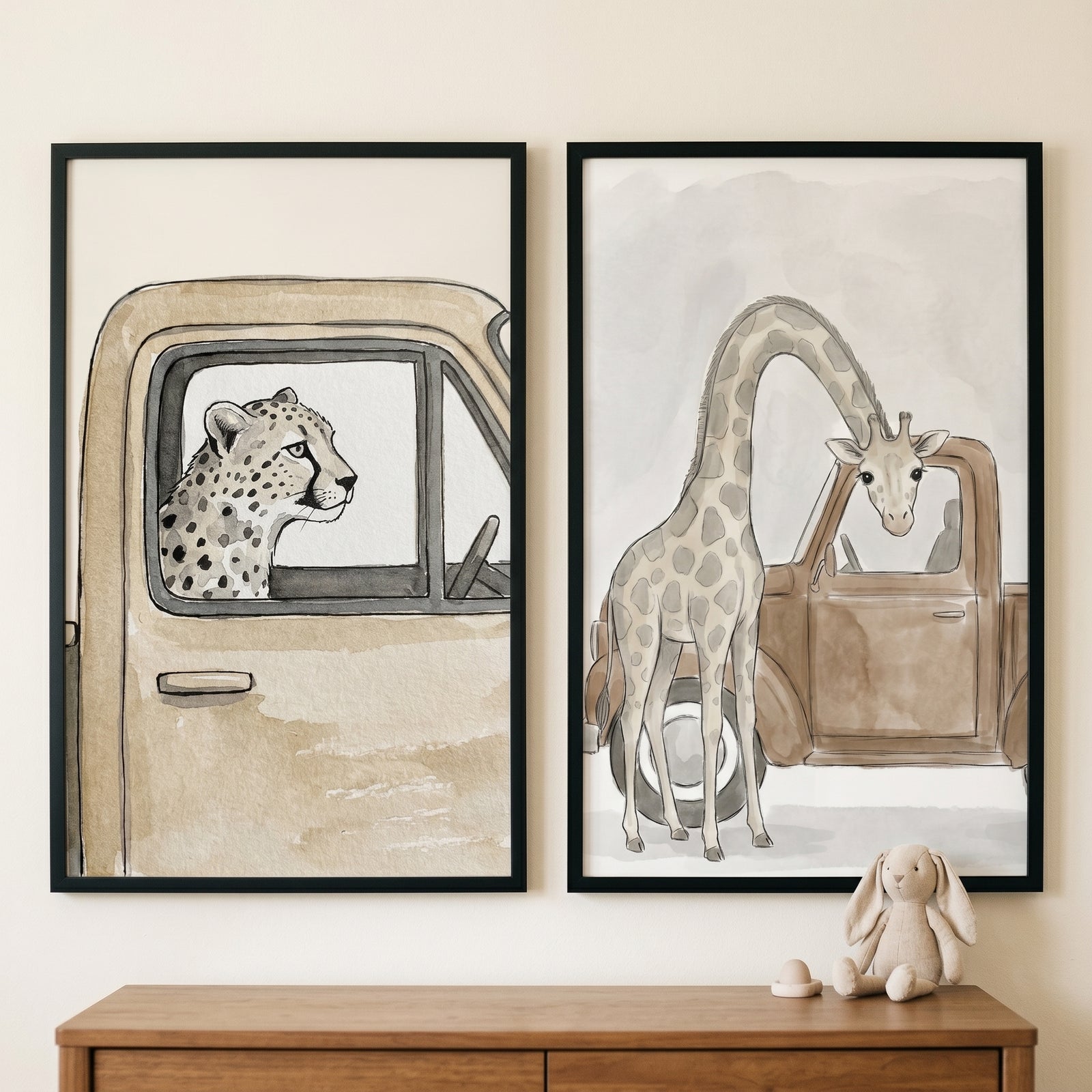 Sepia vintage truck animal wall art set of 2 with a cheetah in a cab and a giraffe leaning into a pickup truck.