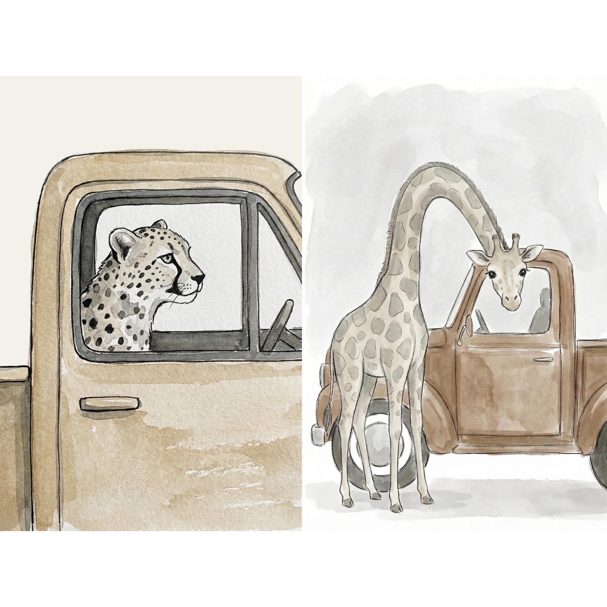 Sepia Vintage Truck Animal Wall Art Set of 2 - Wild Truck Friends