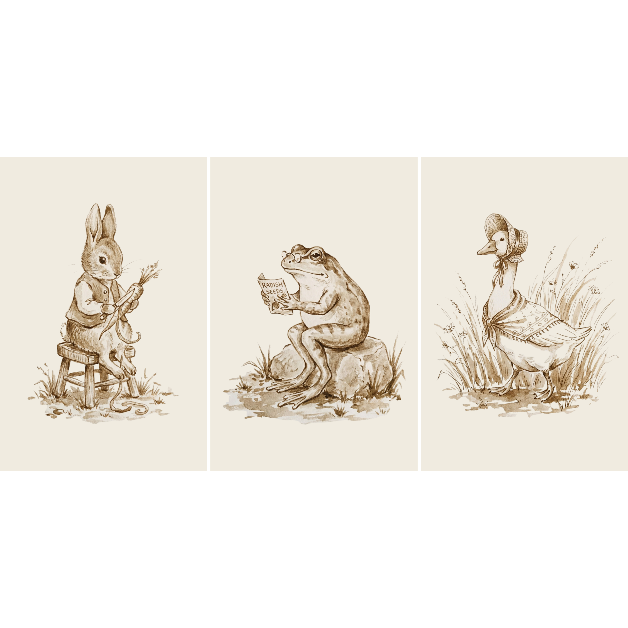 Sepia Watercolor Garden Animal Wall Art Set of 3 - Vintage Woodland Trio