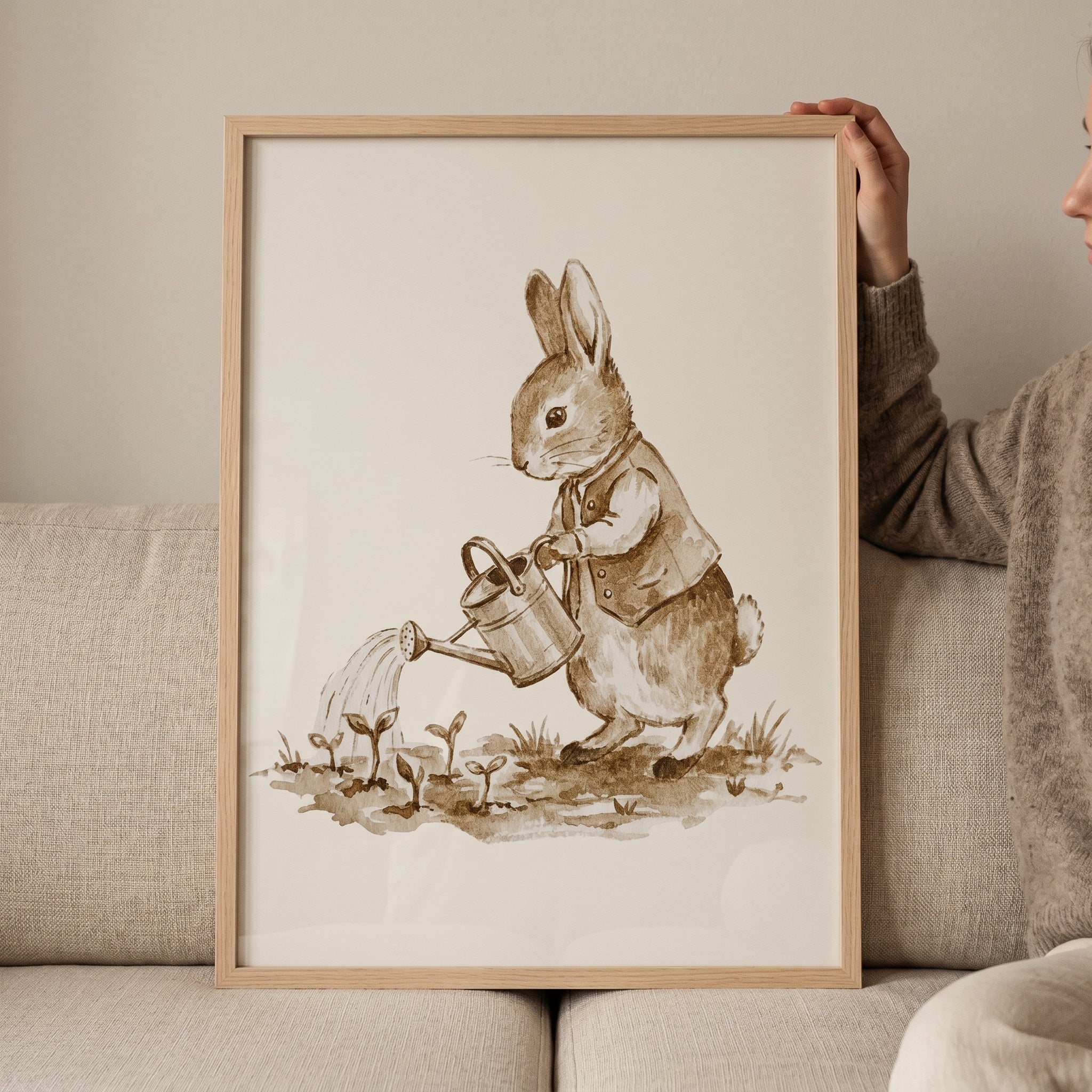 Sepia Watercolor Gardening Bunny Wall Art - Gardening Rabbit