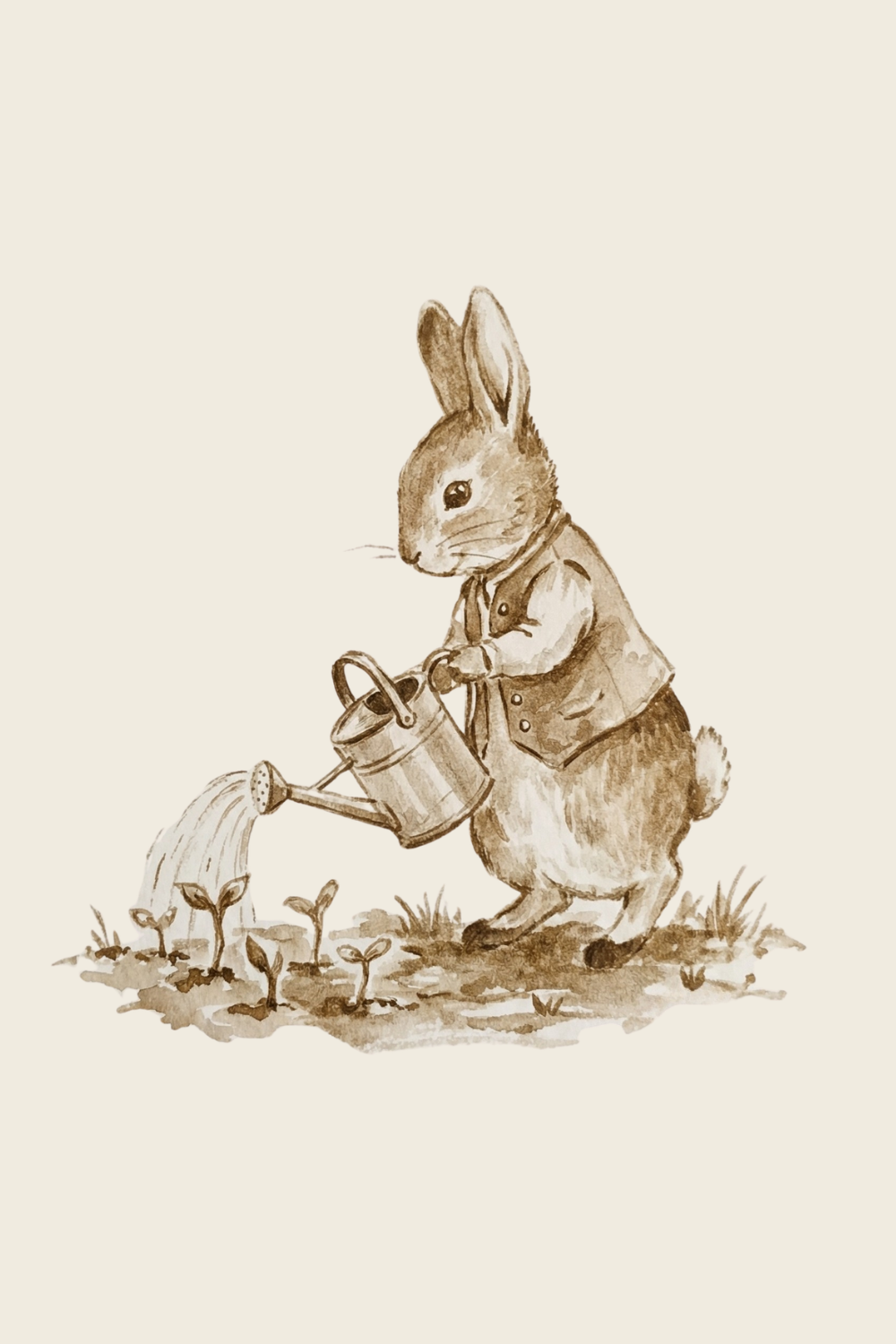 Sepia Watercolor Gardening Bunny Wall Art - Gardening Rabbit