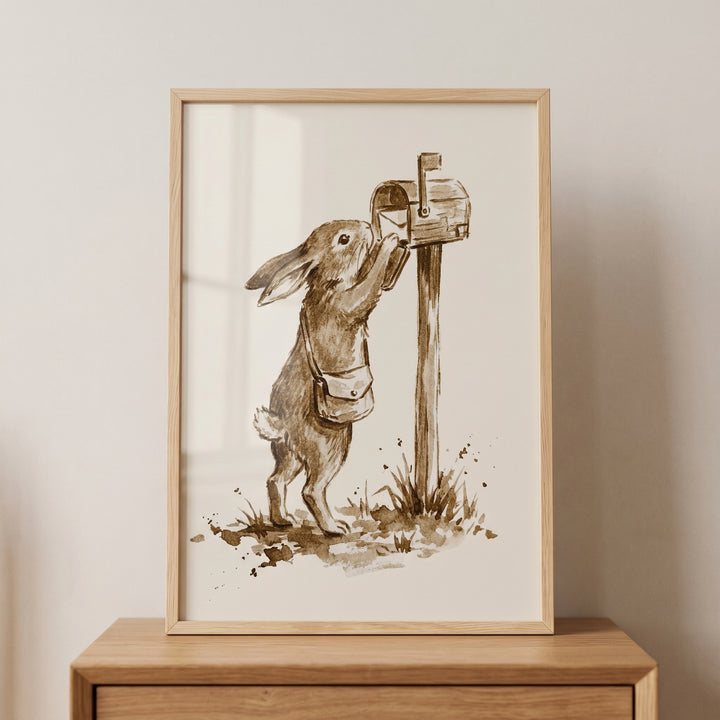 Framed sepia watercolor mail bunny wall art of a rabbit with a bag putting a letter into a mailbox.