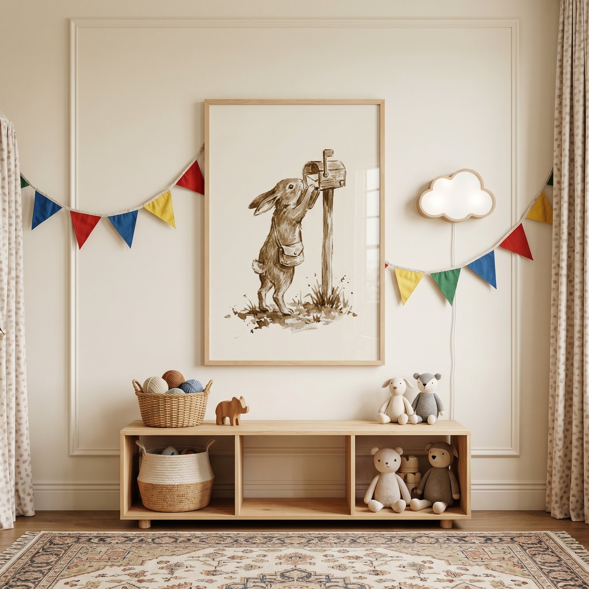 Framed sepia watercolor mail bunny wall art hangs in a nursery above a wooden shelf with toys and colorful bunting.