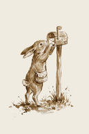 Sepia toned rabbit illustration wearing a small satchel while reaching into a mailbox in a rustic countryside setting.
