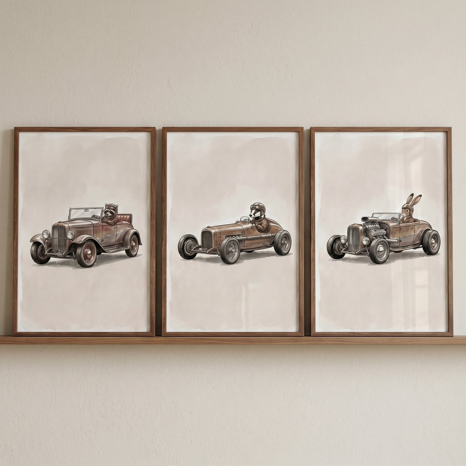 Sepia watercolor racing animal wall art set of 3 with a raccoon, badger, and rabbit driving vintage race cars.