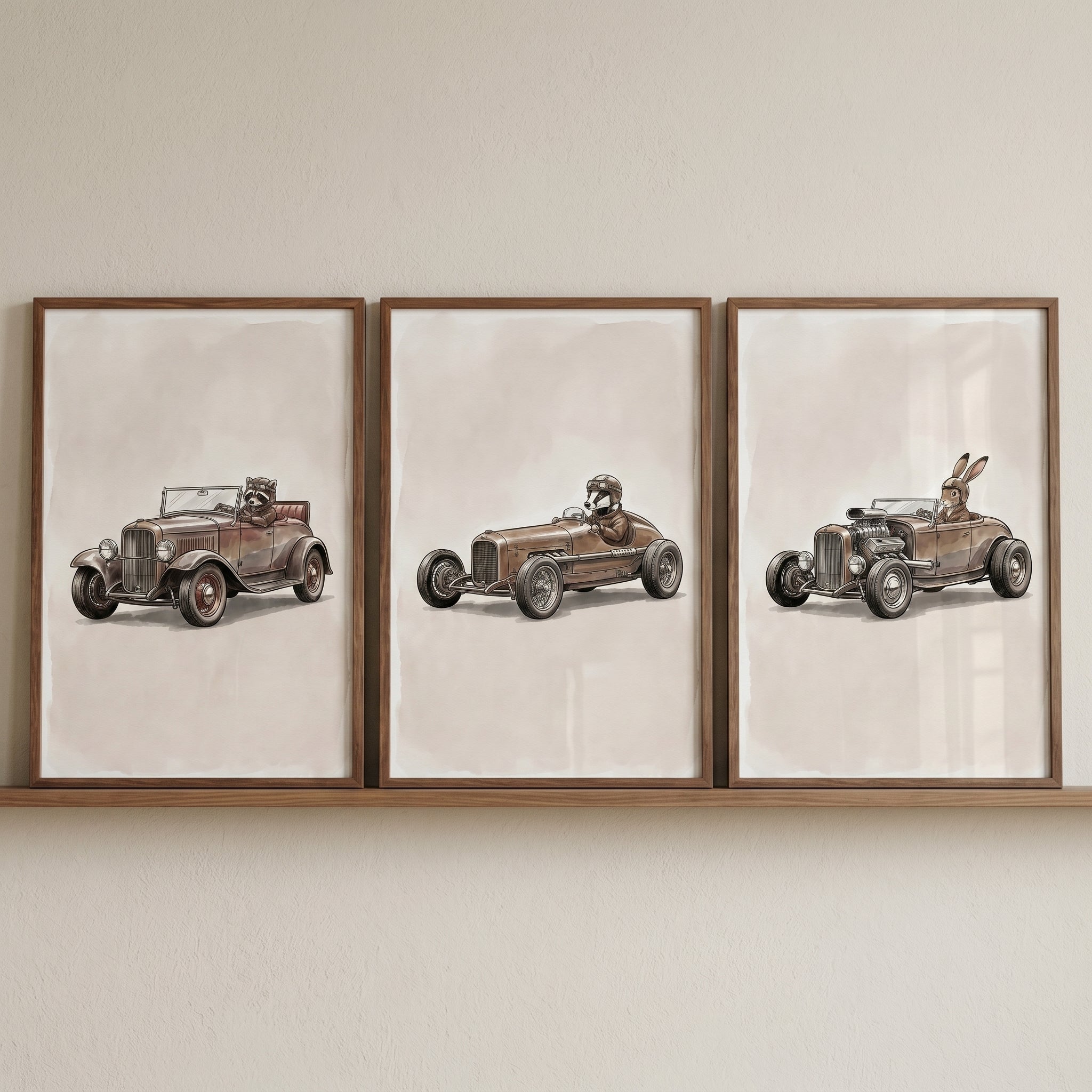 Sepia Watercolor Racing Animal Wall Art Set of 3 - Vintage Woodland Racers