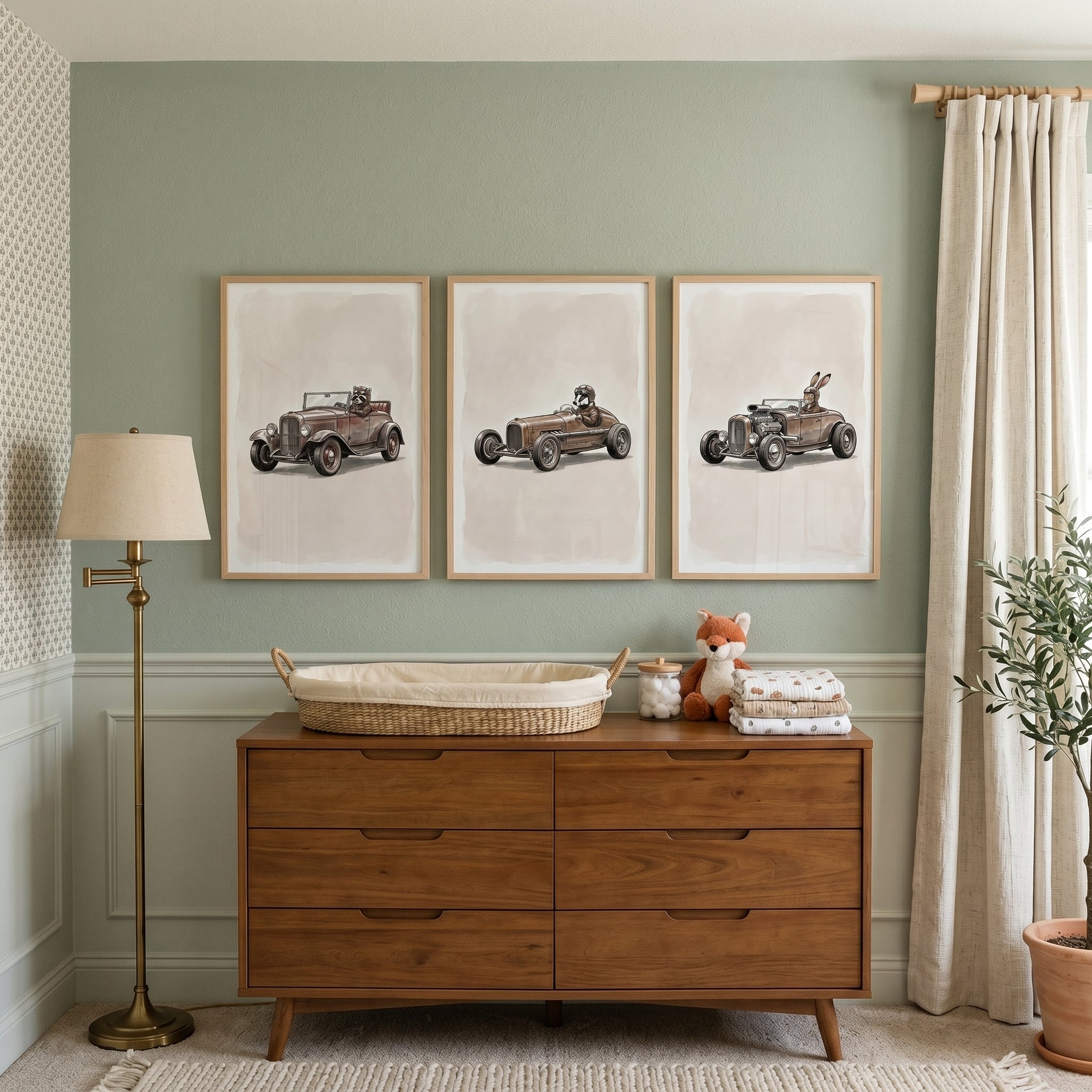 Sepia Watercolor Racing Animal Wall Art Set of 3 - Vintage Woodland Racers